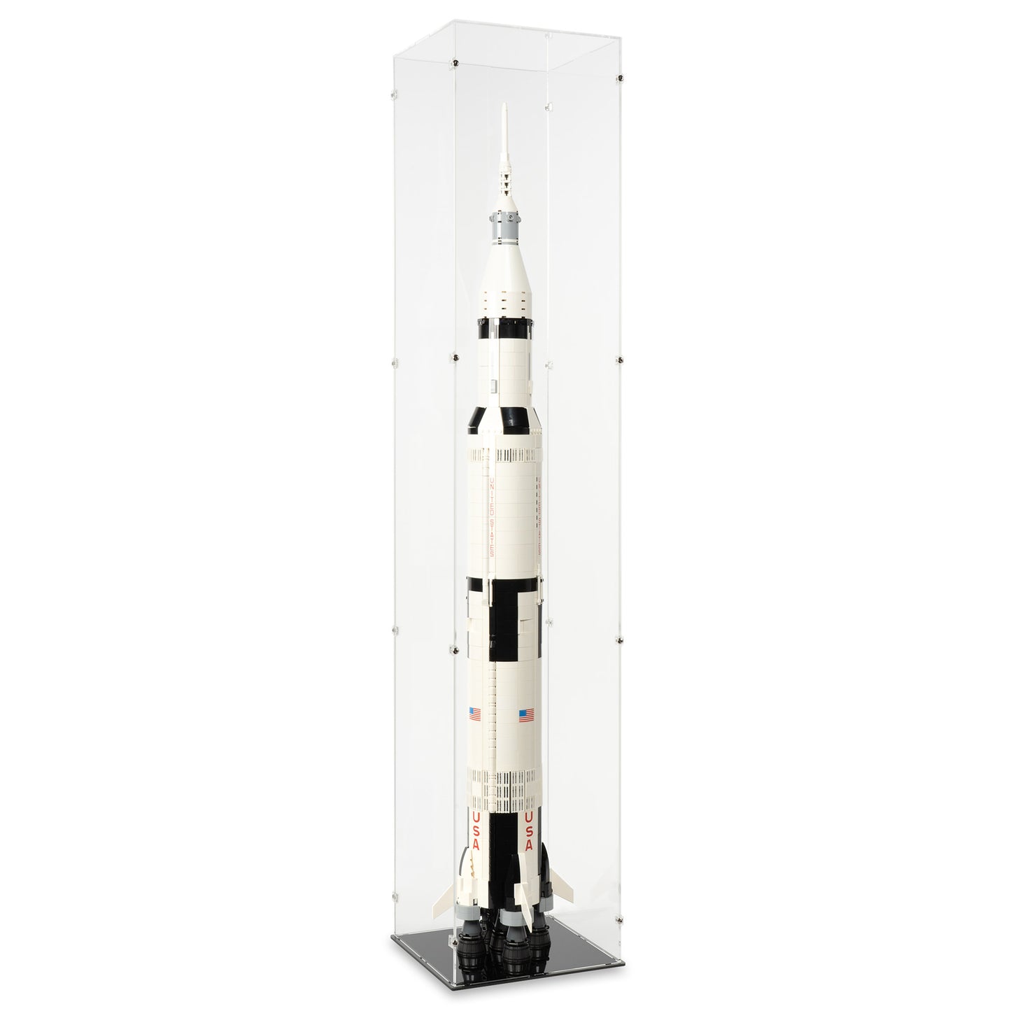 Angled view of LEGO 92176/21309 NASA Apollo Saturn V Vertical Display Case.