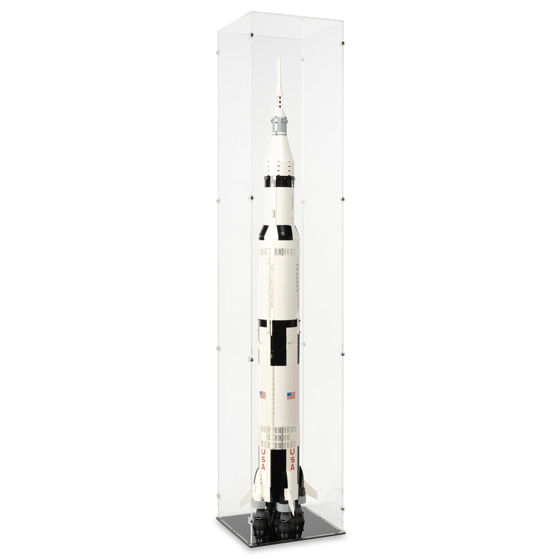 Angled view of LEGO 92176/21309 NASA Apollo Saturn V Vertical Display Case.