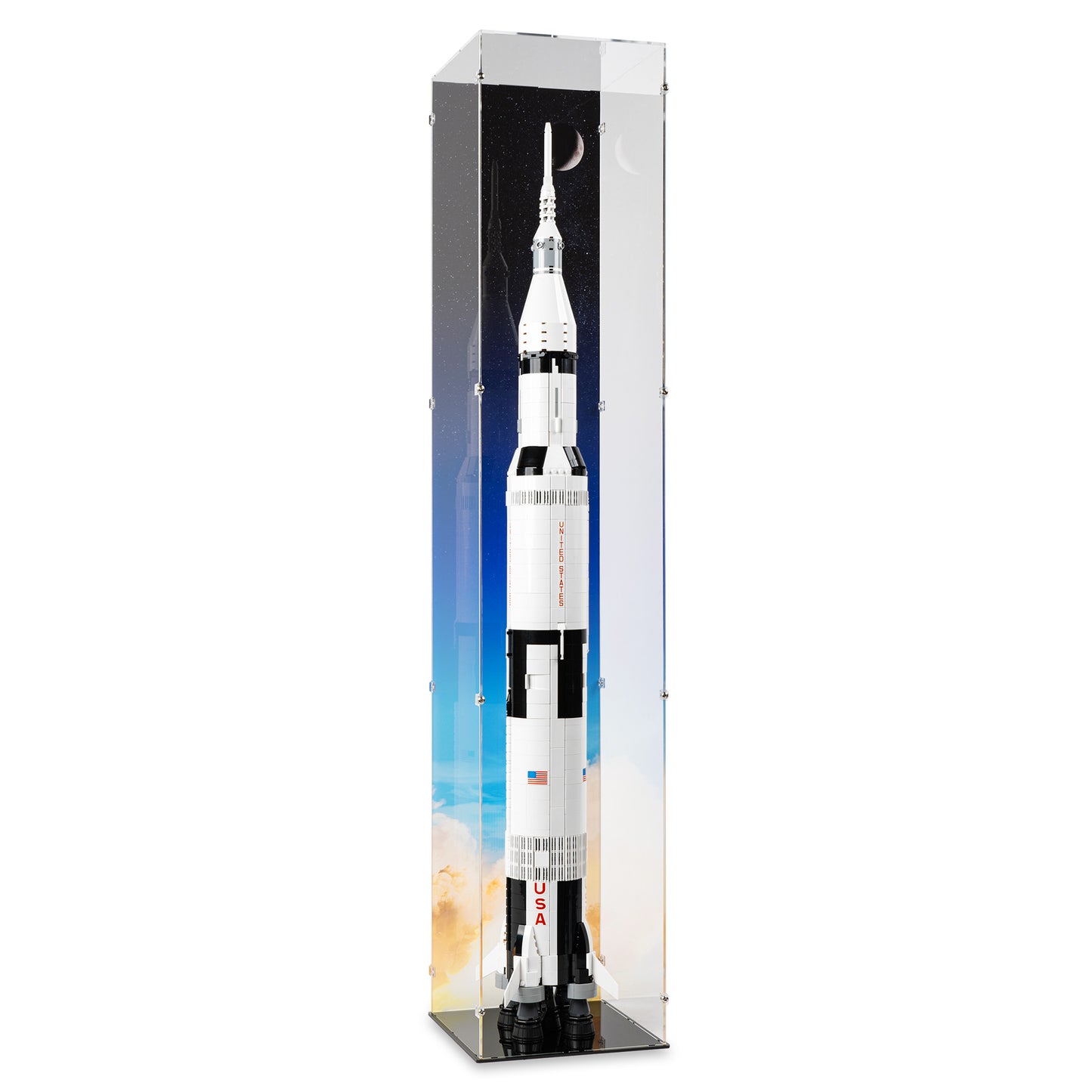 Angled view of LEGO 92176/21309 NASA Apollo Saturn V Vertical Display Case with a UV printed background.