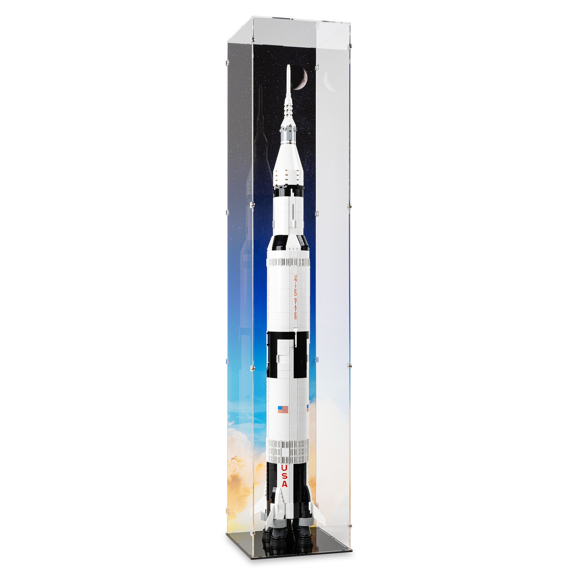Angled view of LEGO 92176/21309 NASA Apollo Saturn V Vertical Display Case with a UV printed background.