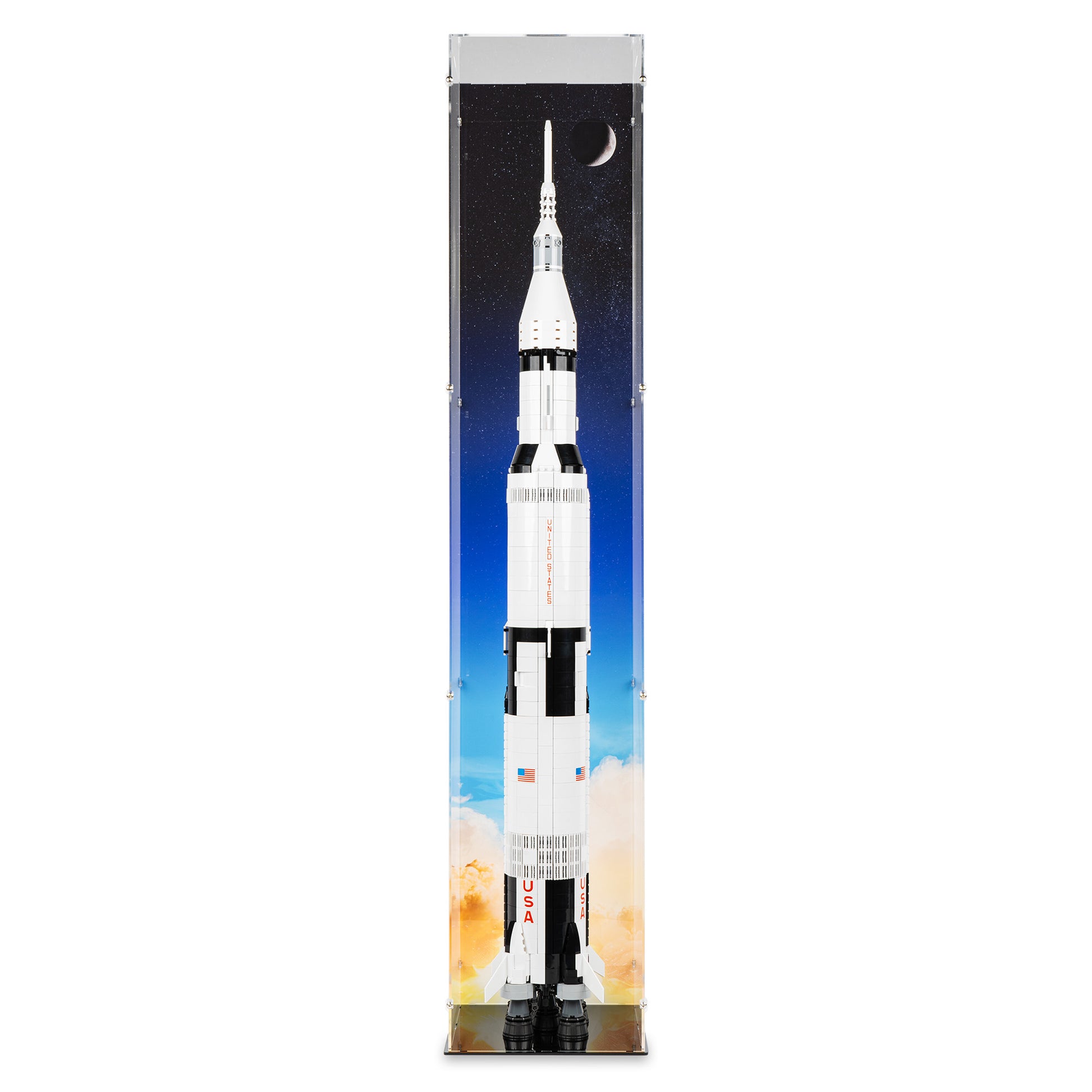 Front view of LEGO 92176/21309 NASA Apollo Saturn V Vertical Display Case with a UV printed background.