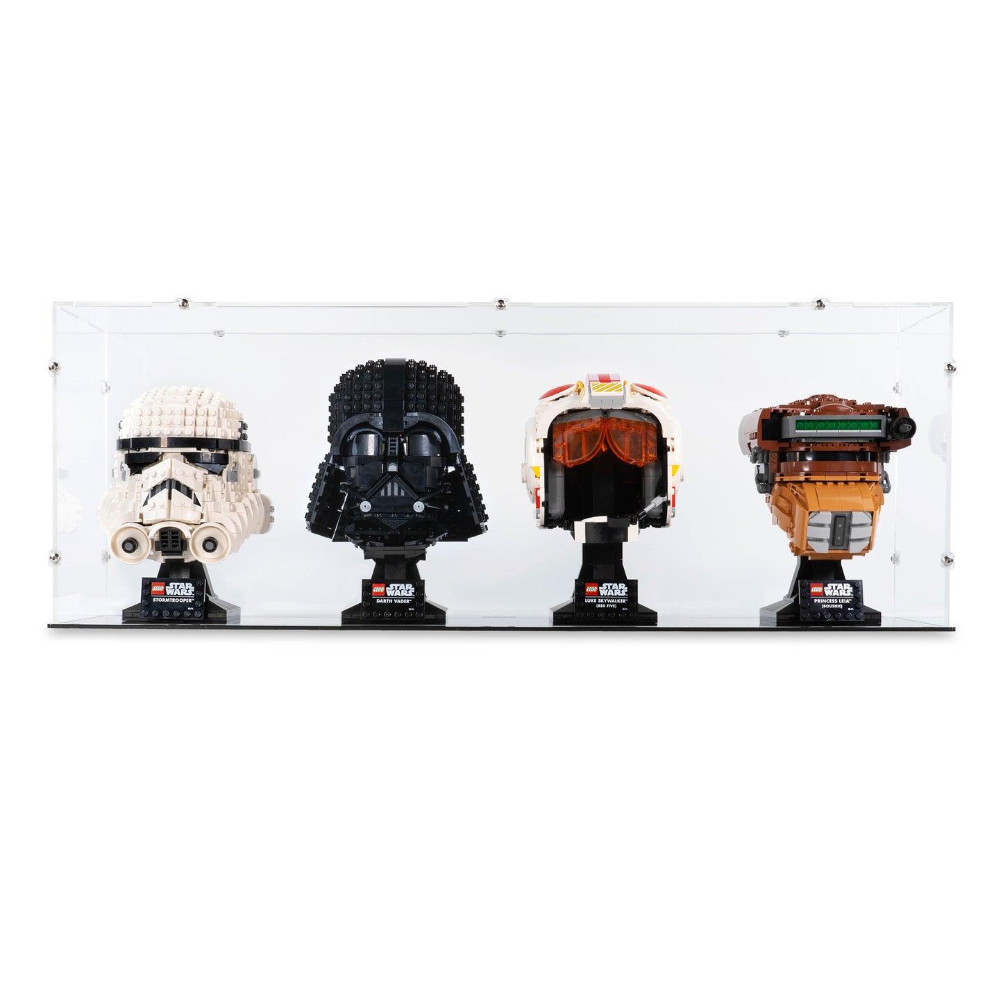 Front view of 4x LEGO Helmets Display Case.