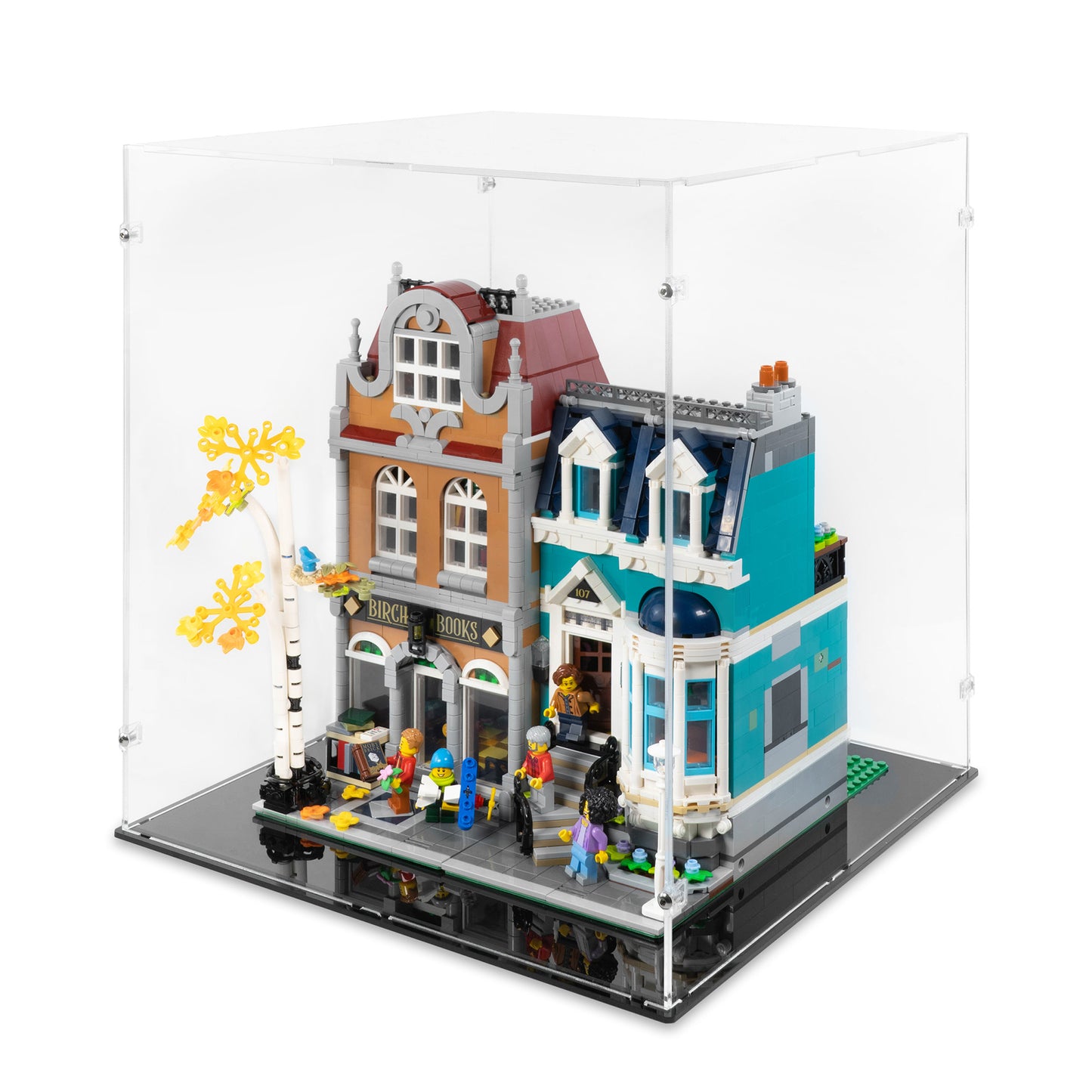 Angled top view of LEGO 10270 Bookshop Display Case.