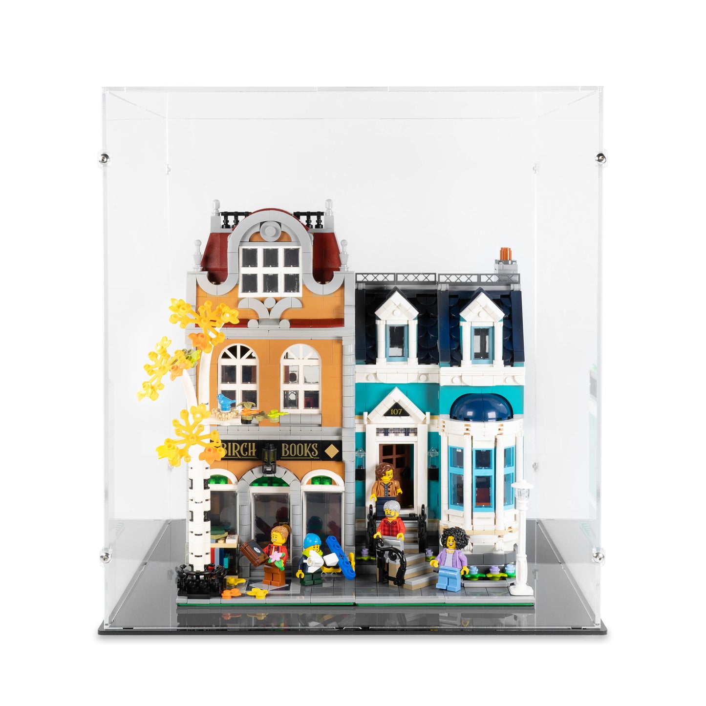 Front view of LEGO 10270 Bookshop Display Case.