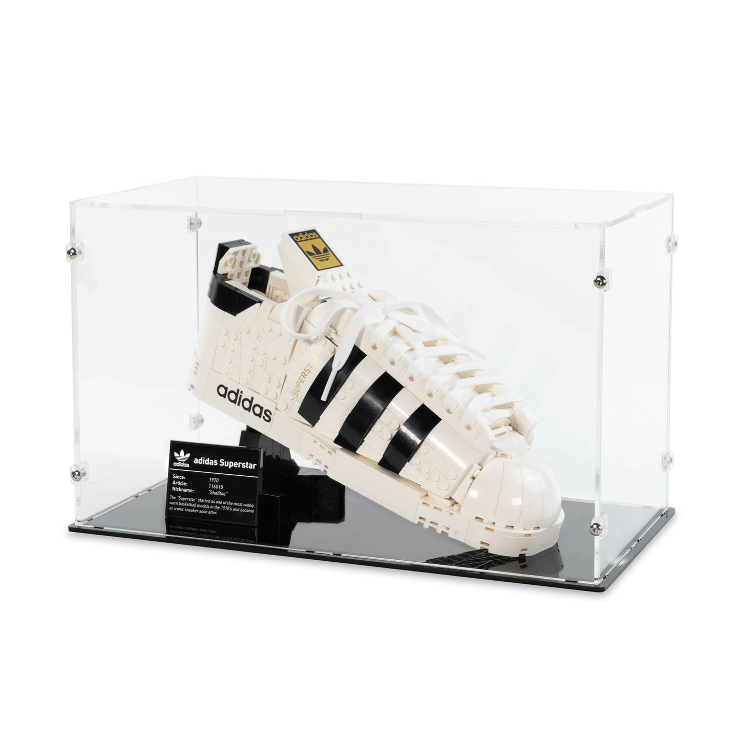 Angled top view of LEGO 10282 adidas Originals Superstar Display Case.