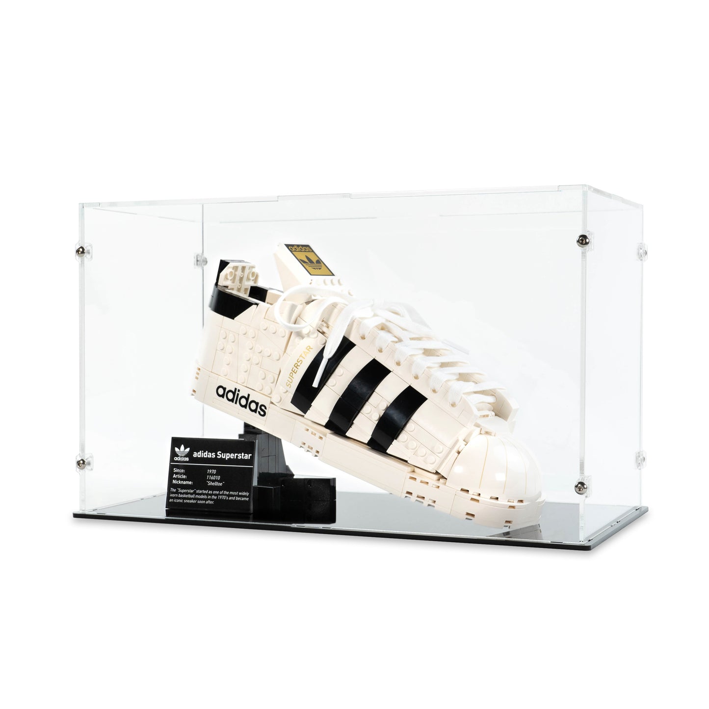 Angled view of LEGO 10282 adidas Originals Superstar Display Case.