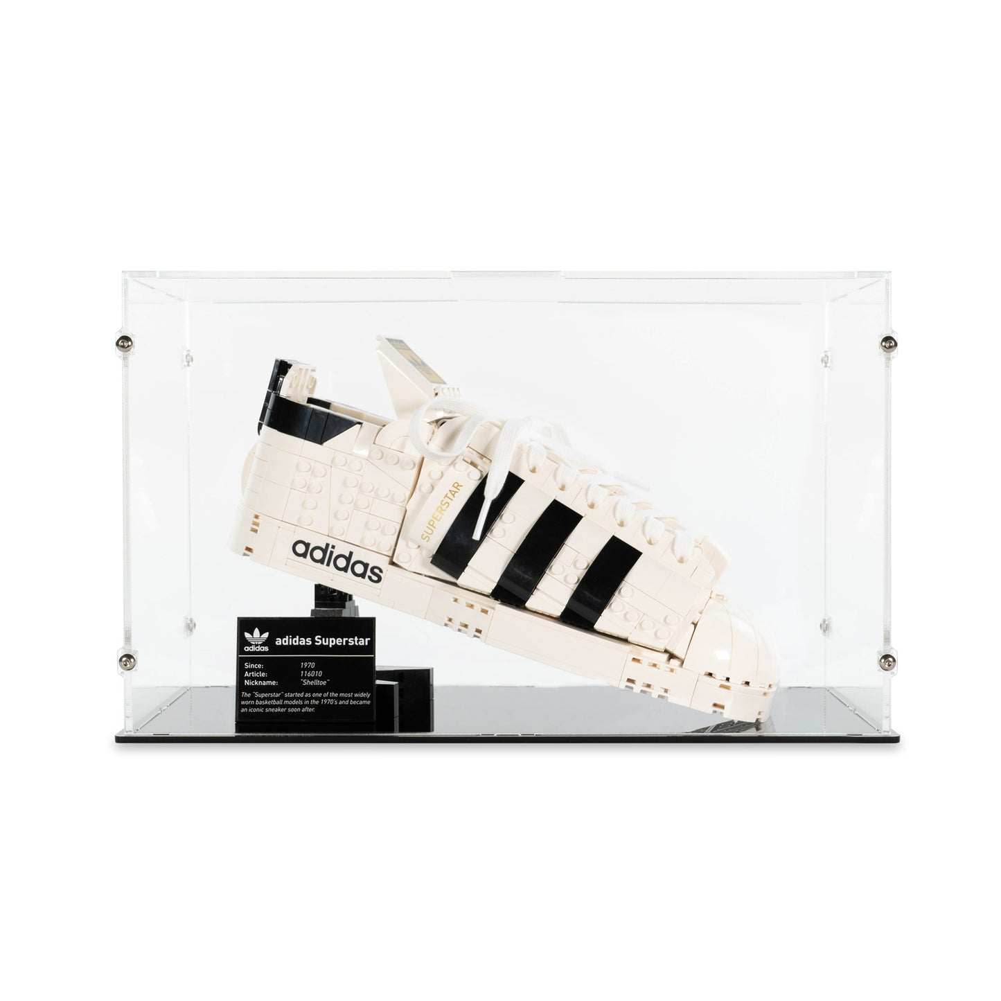 Front view of LEGO 10282 adidas Originals Superstar Display Case.
