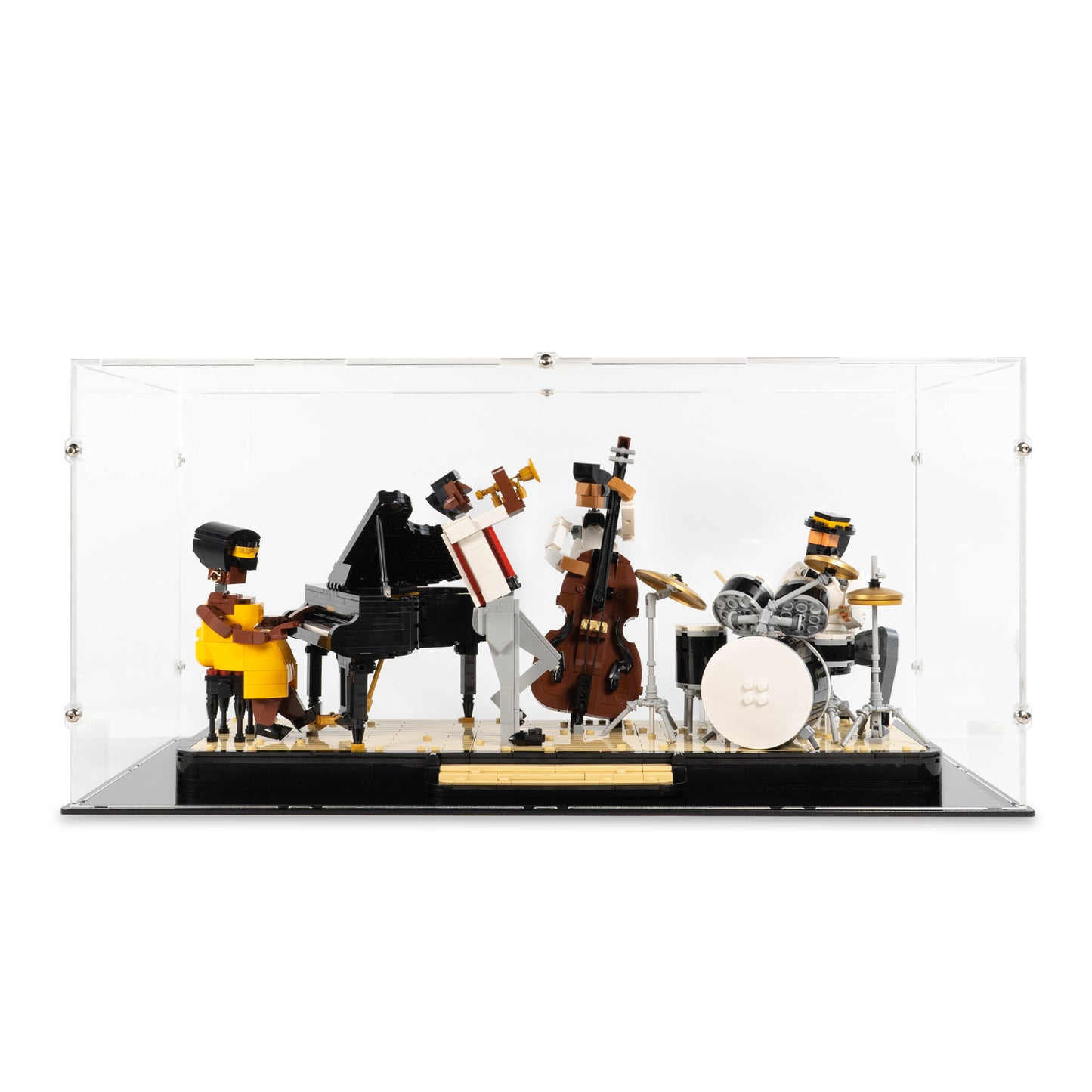 Front view of LEGO 21334 Jazz Quartet Display Case.