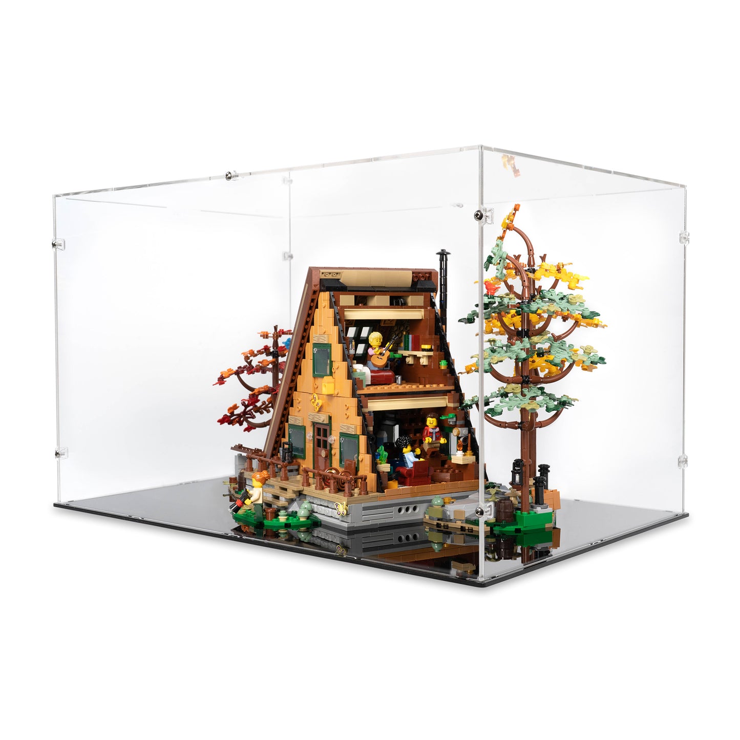 Angled open view of LEGO 21338 A-Frame Cabin Display Case.