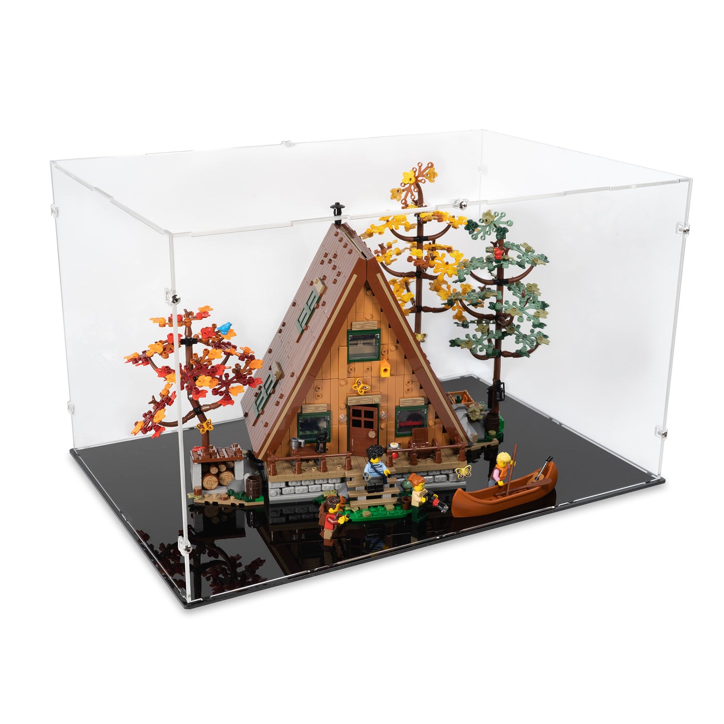Angled top view of LEGO 21338 A-Frame Cabin Display Case.