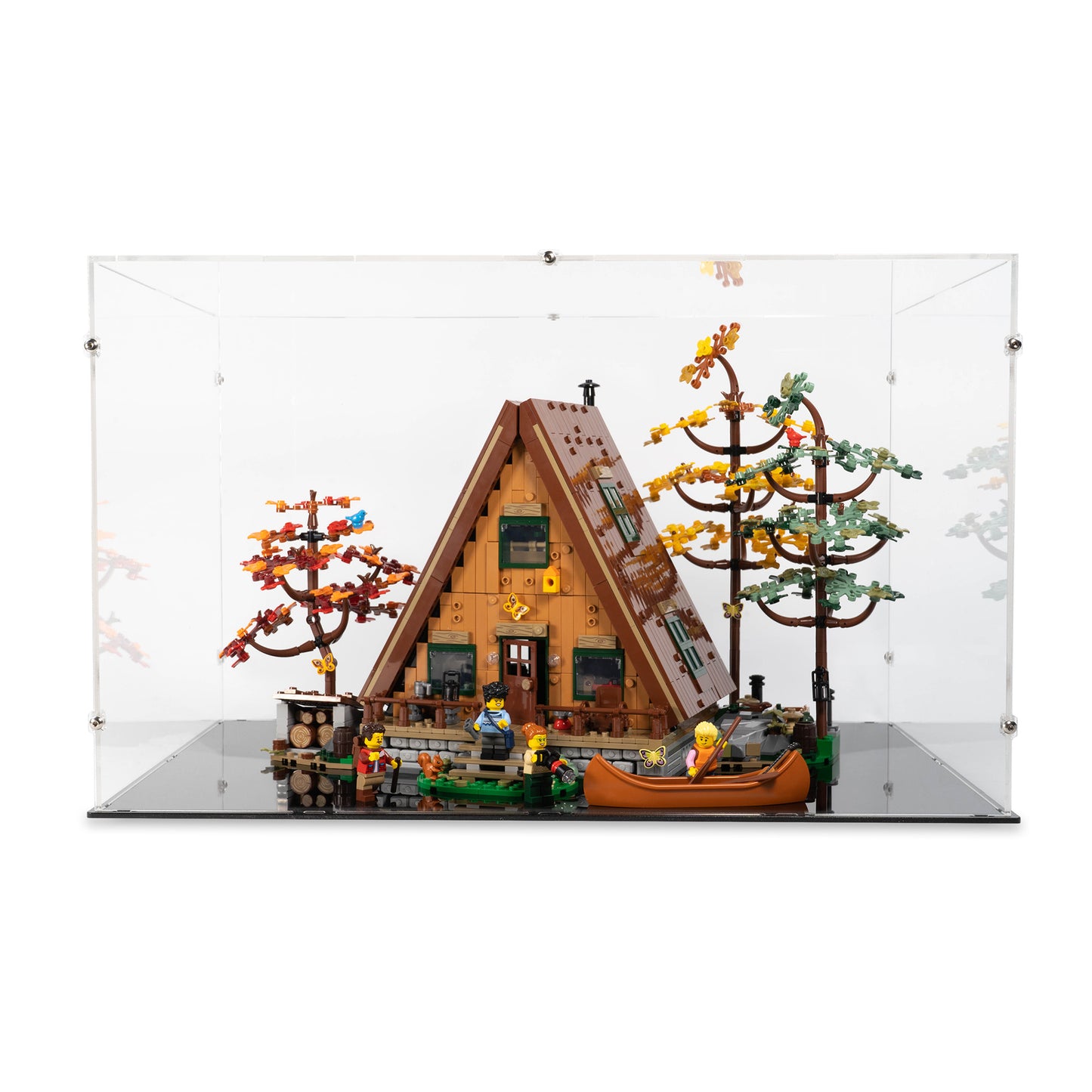 Front view of LEGO 21338 A-Frame Cabin Display Case.