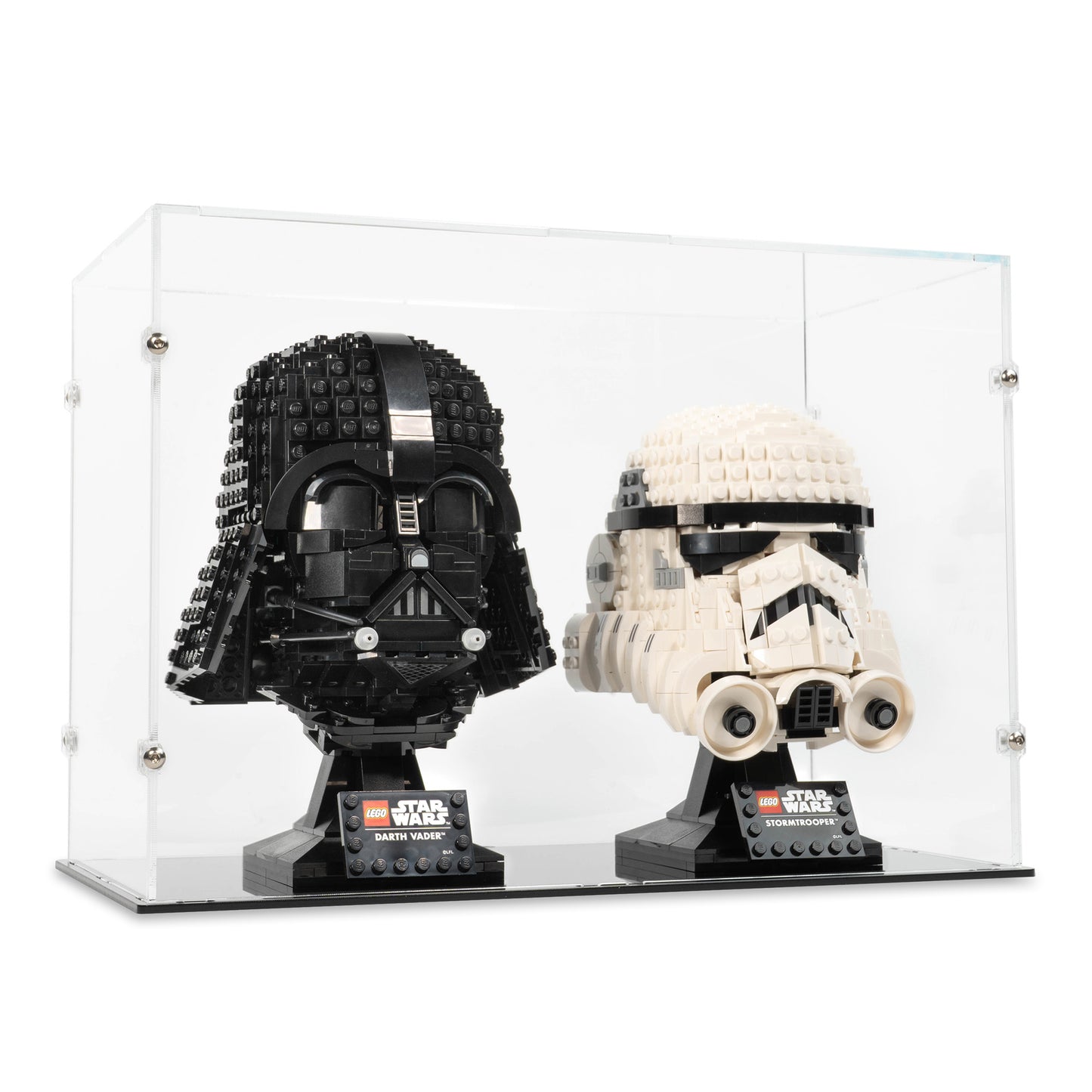 Angled view of 2x LEGO Helmets Display Case.