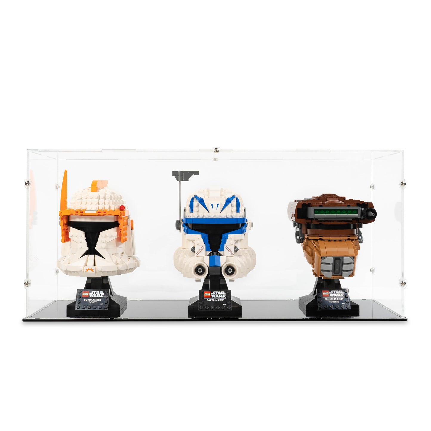 Front view of 3x LEGO Helmets Display Case.