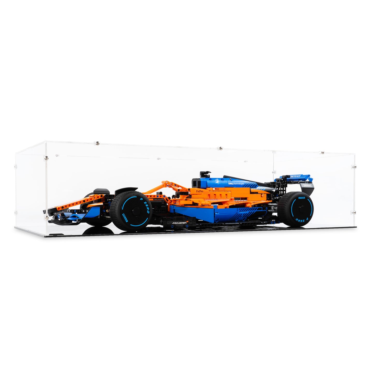 Angled view of LEGO 42141 McLaren Formula 1 Race Car Display Case.