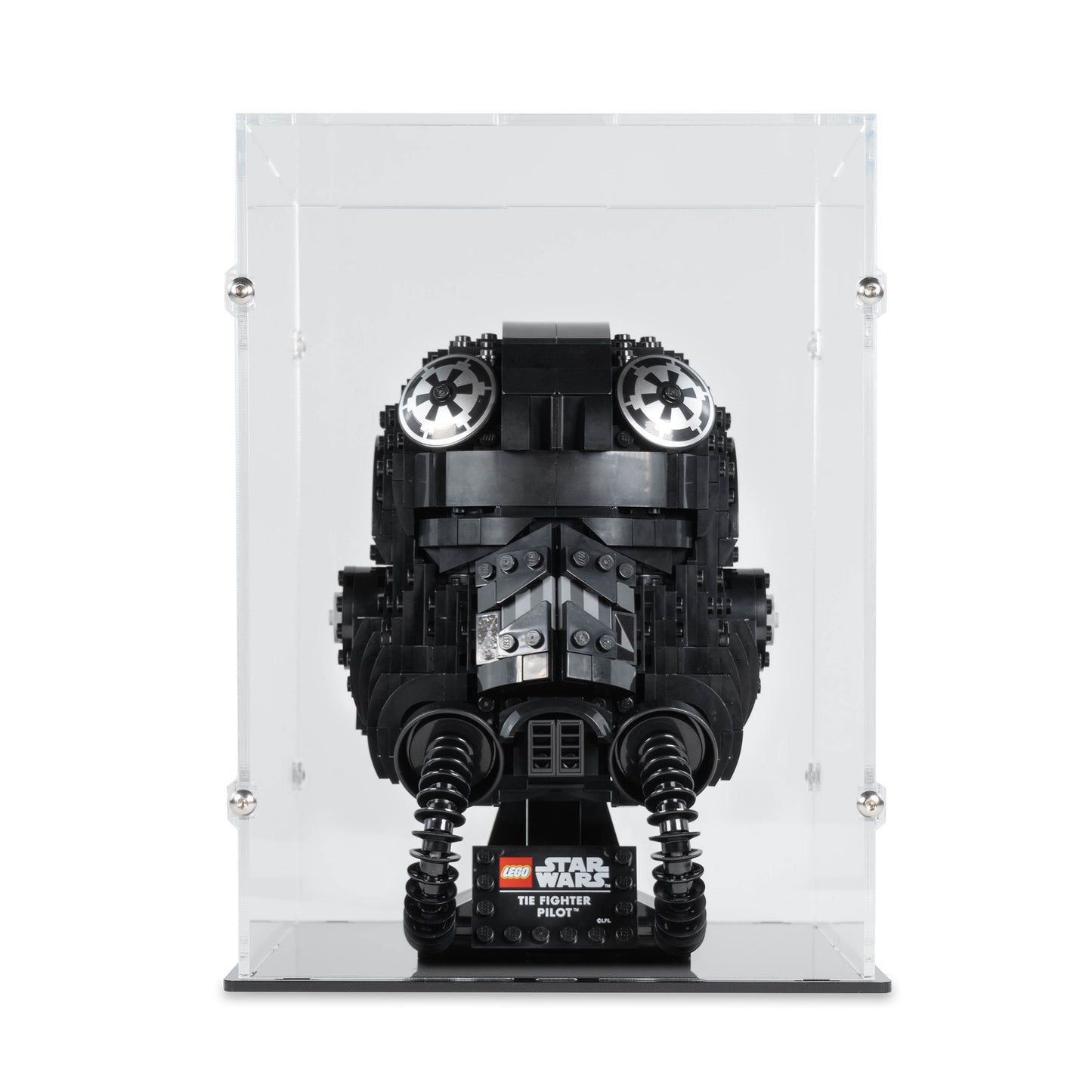Front view of LEGO 75274 TIE Fighter Pilot Helmet Display Case.