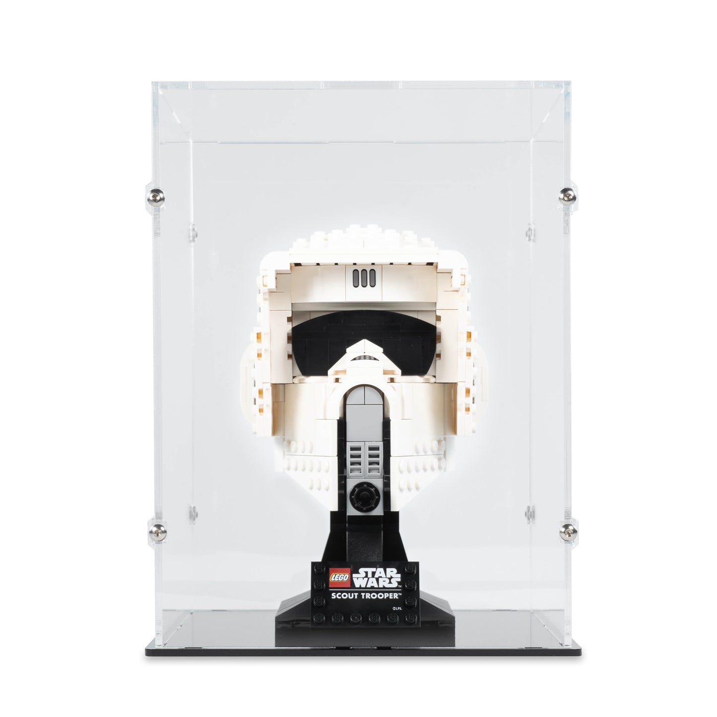 Front view of LEGO 75305 Scout Trooper Helmet Display Case.