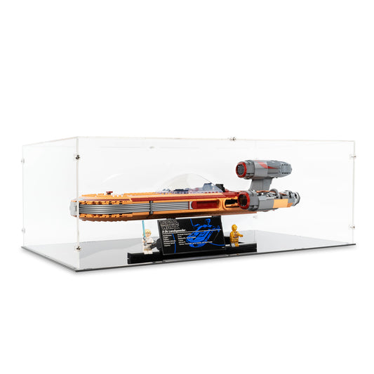 Angled view of LEGO 75341 UCS Luke Skywalker’s Landspeeder Display Case.