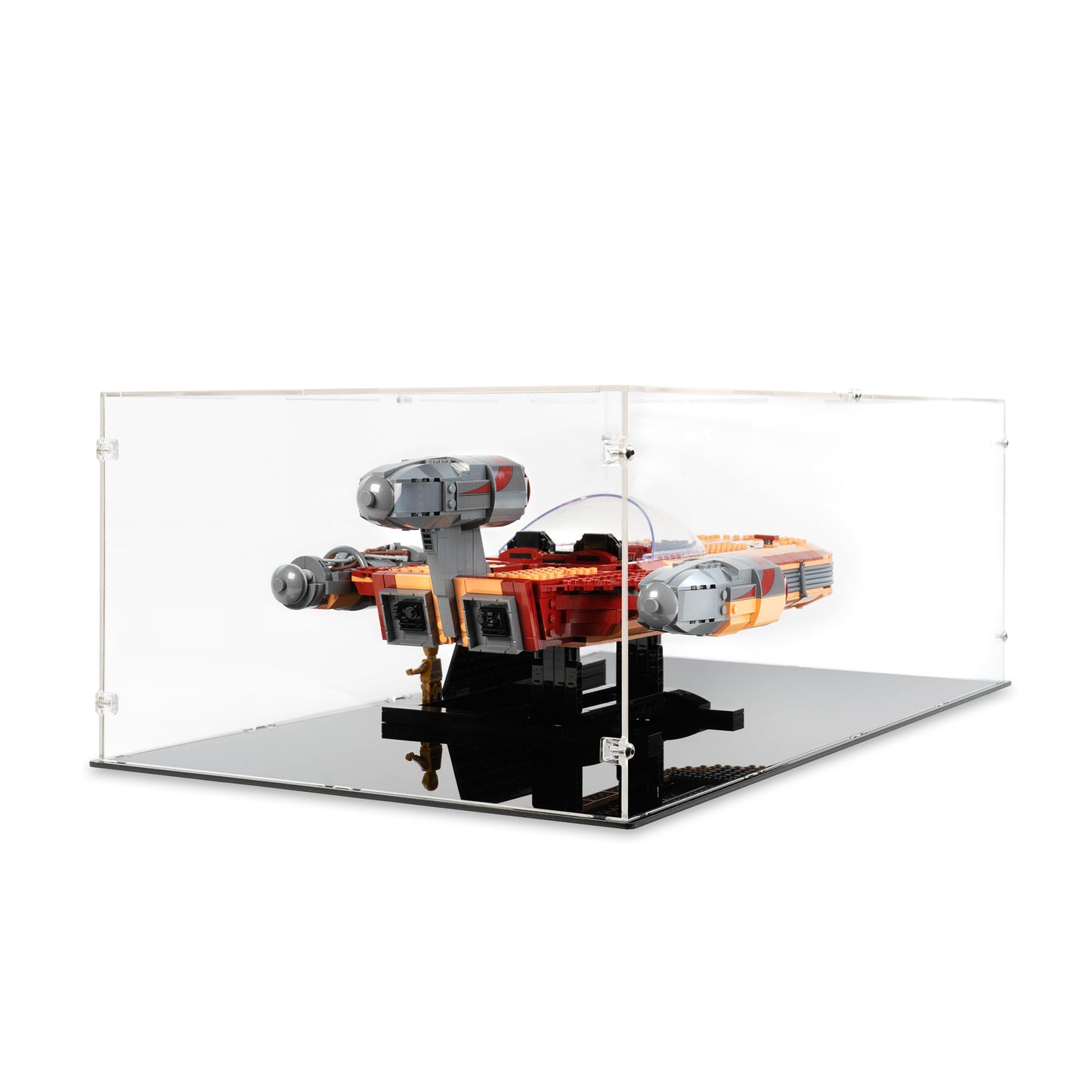 Back angled view of LEGO 75341 UCS Luke Skywalker’s Landspeeder Display Case.