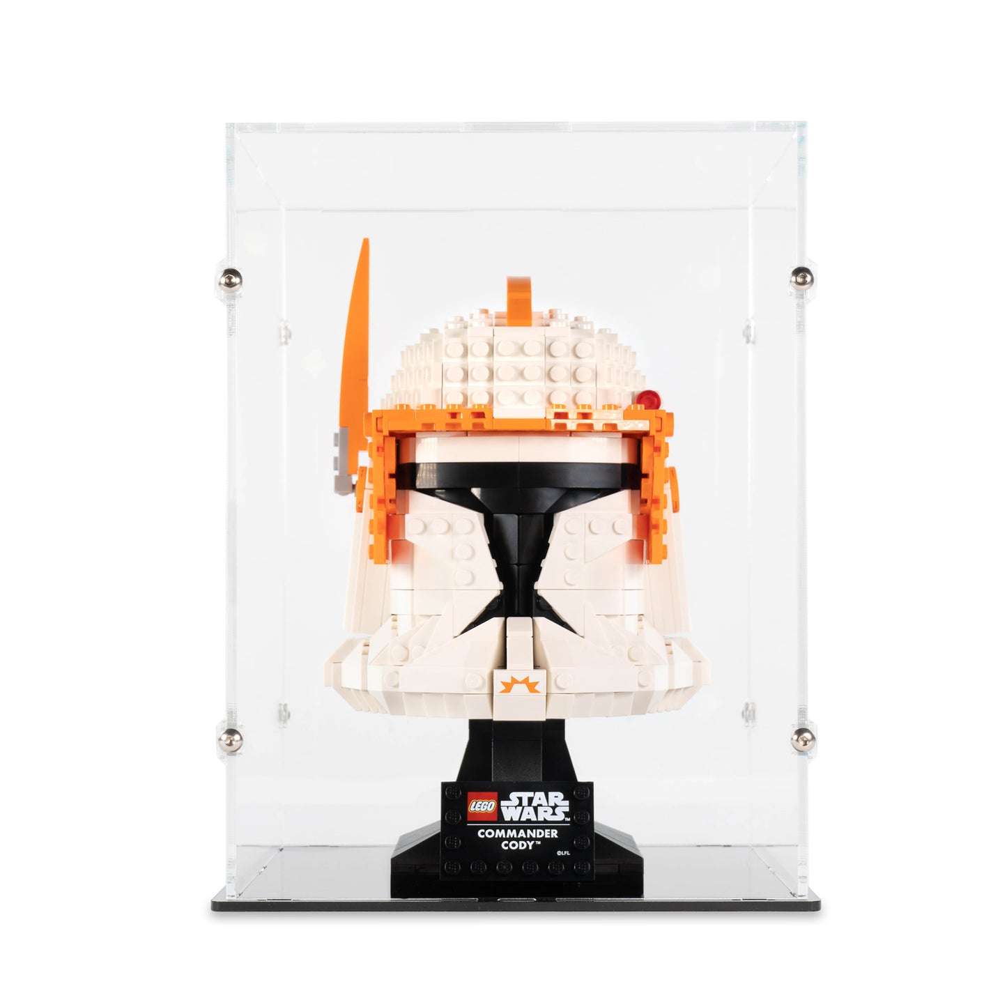 Front view of LEGO 75350 Clone Commander Cody Helmet Display Case.