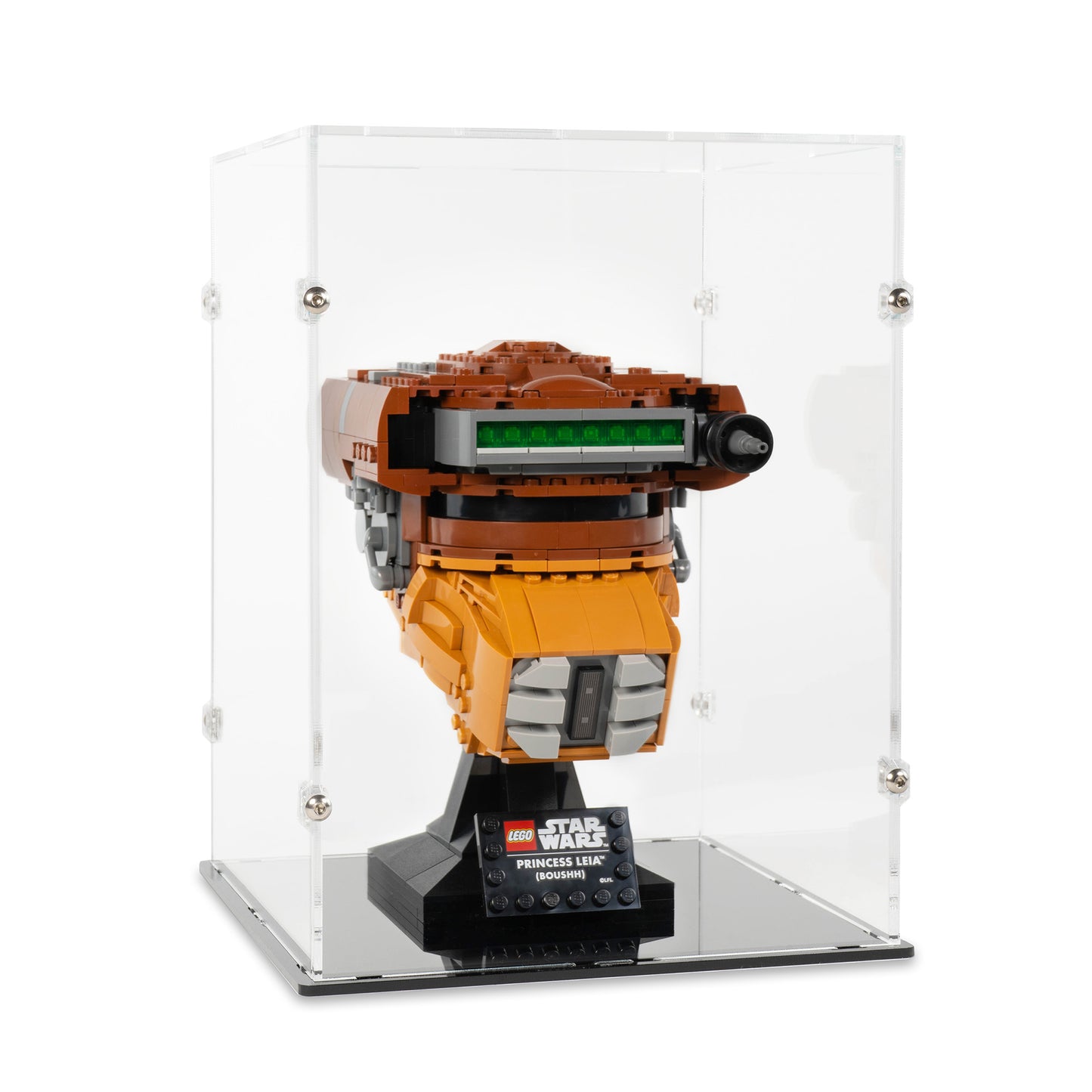 Angled view of LEGO 75351 Princess Leia Boushh Helmet Display Case.