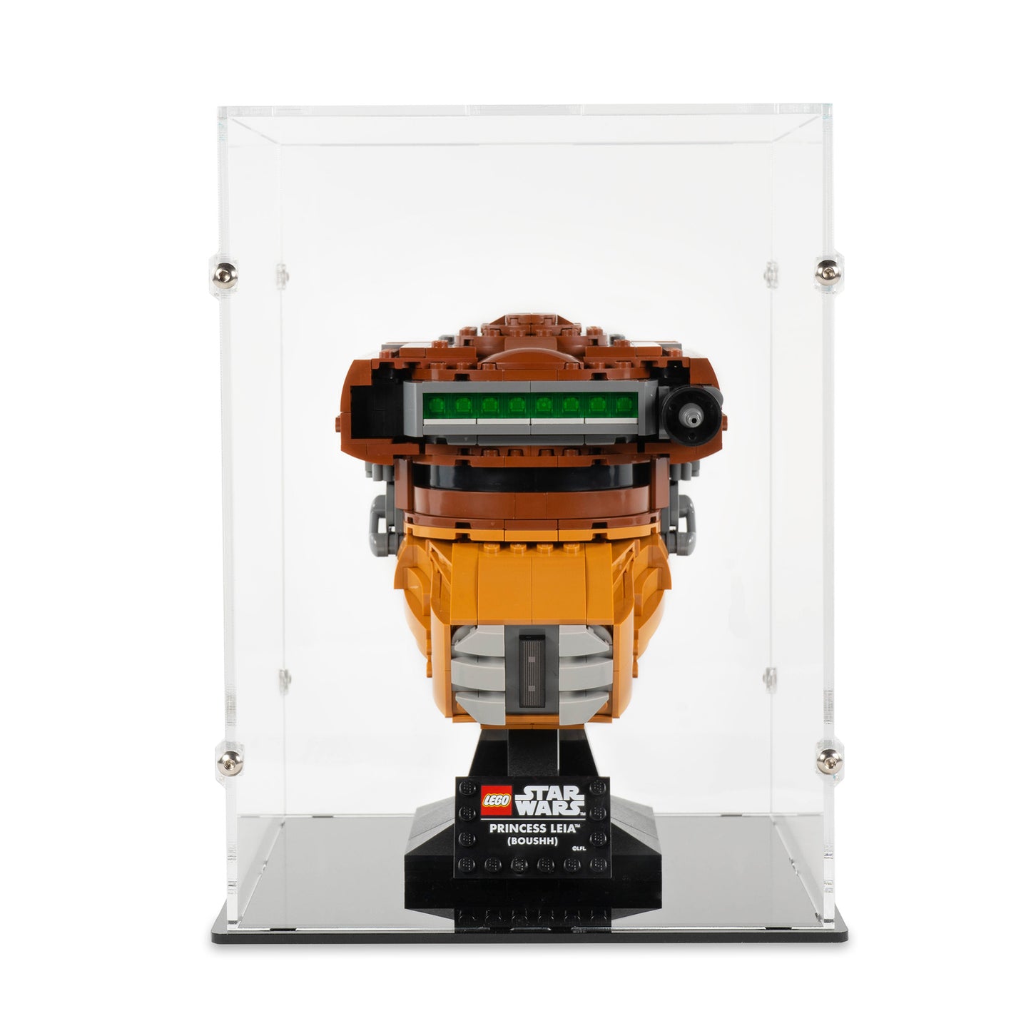 Front view of LEGO 75351 Princess Leia Boushh Helmet Display Case.