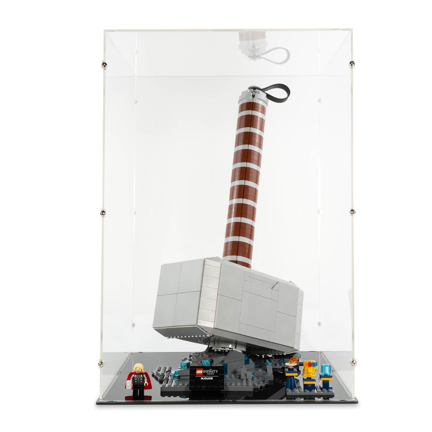 Front view of LEGO 76209 Thor's Hammer Display Case.