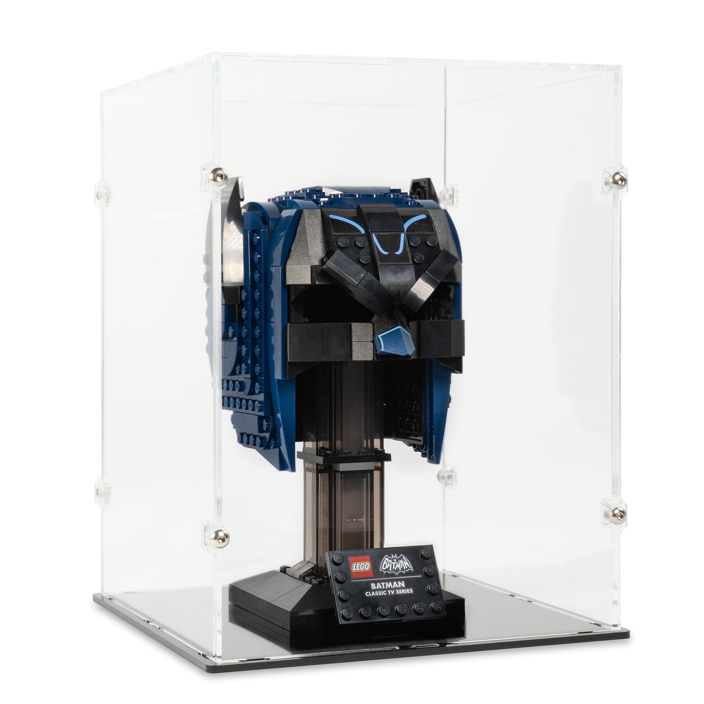 Angled view of LEGO 76238 Classic TV Series Batman Cowl Display Case.