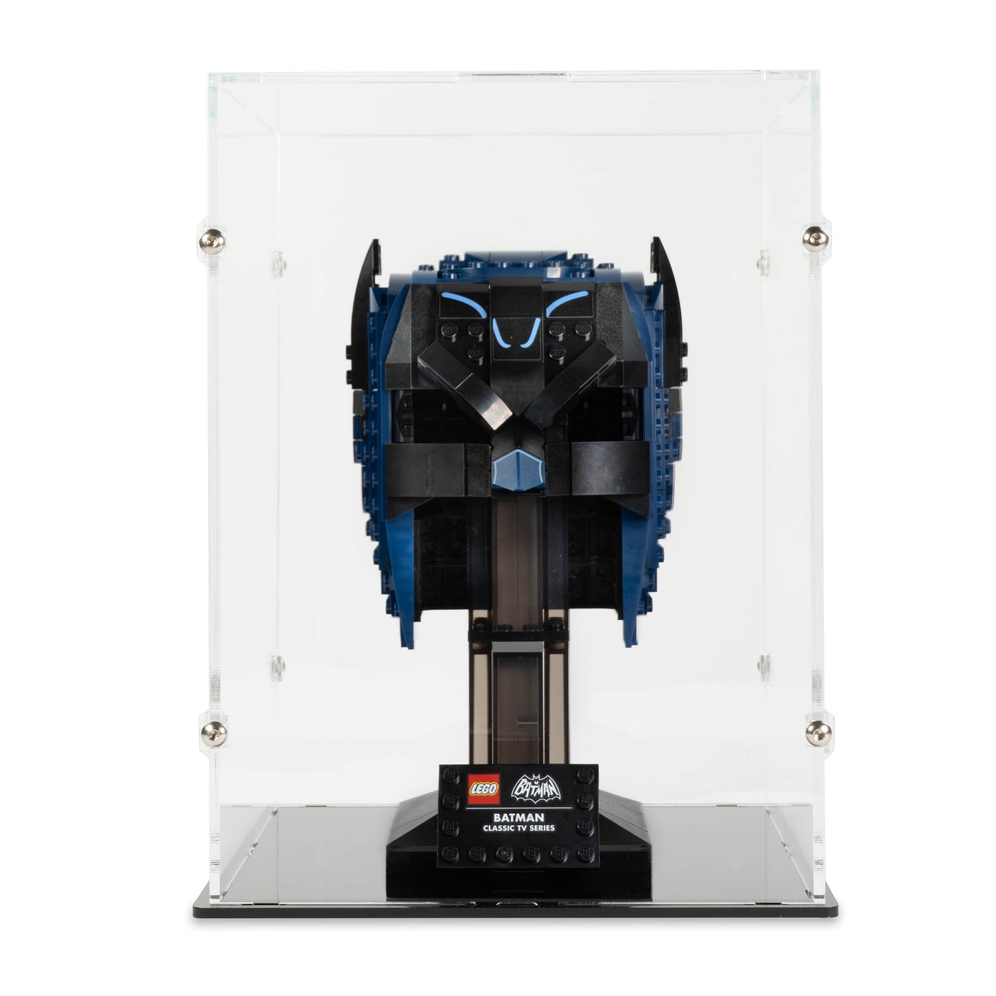 Front view of LEGO 76238 Classic TV Series Batman Cowl Display Case.