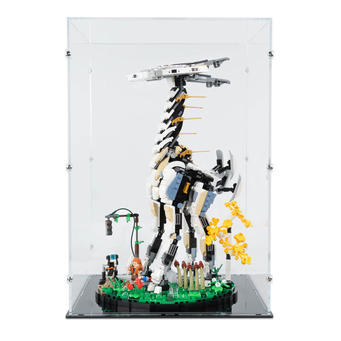 Front view of LEGO 76989 Horizon Forbidden West Tallneck Display Case.