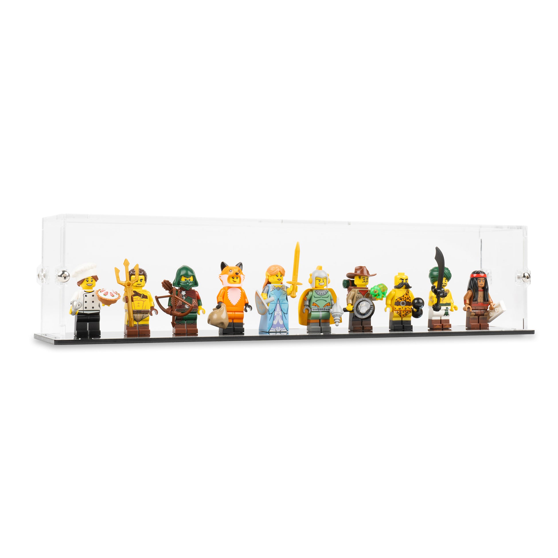 Angled view of 10 LEGO Minifigures Display Case with a black base.