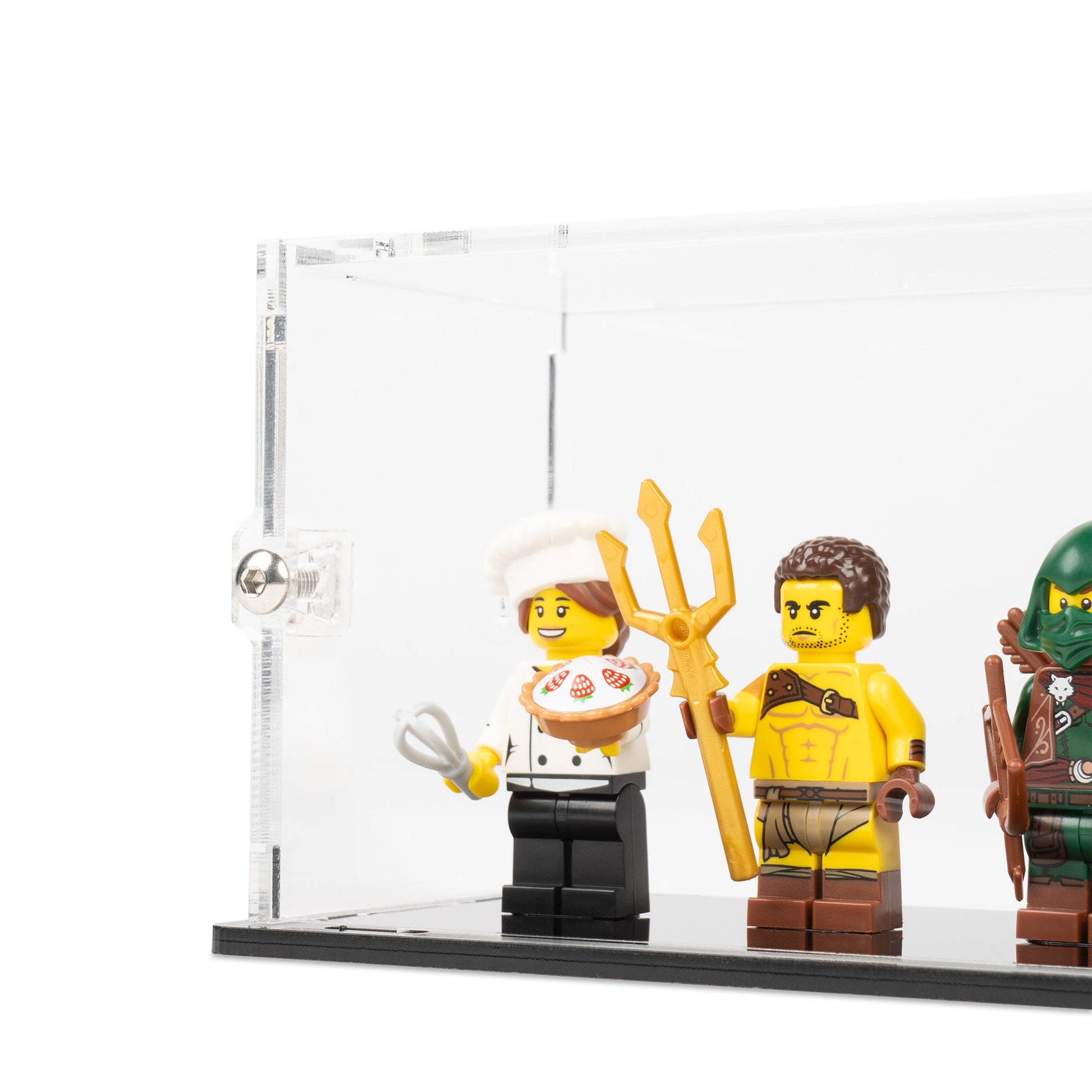 Fitting detail view of 10 LEGO Minifigures Display Case with a black base.