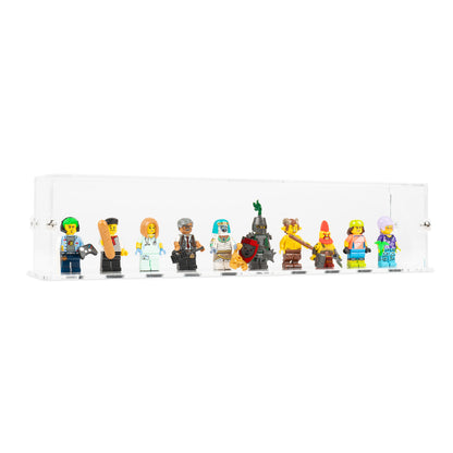 Angled view of 10 LEGO Minifigures Display Case with a clear base.