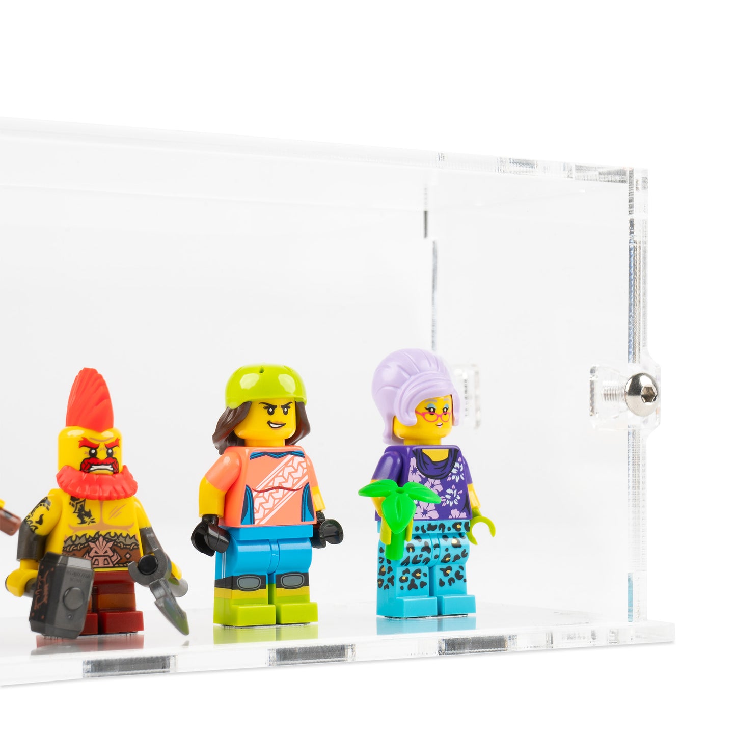 Fitting detail view of 10 LEGO Minifigures Display Case with a clear base.