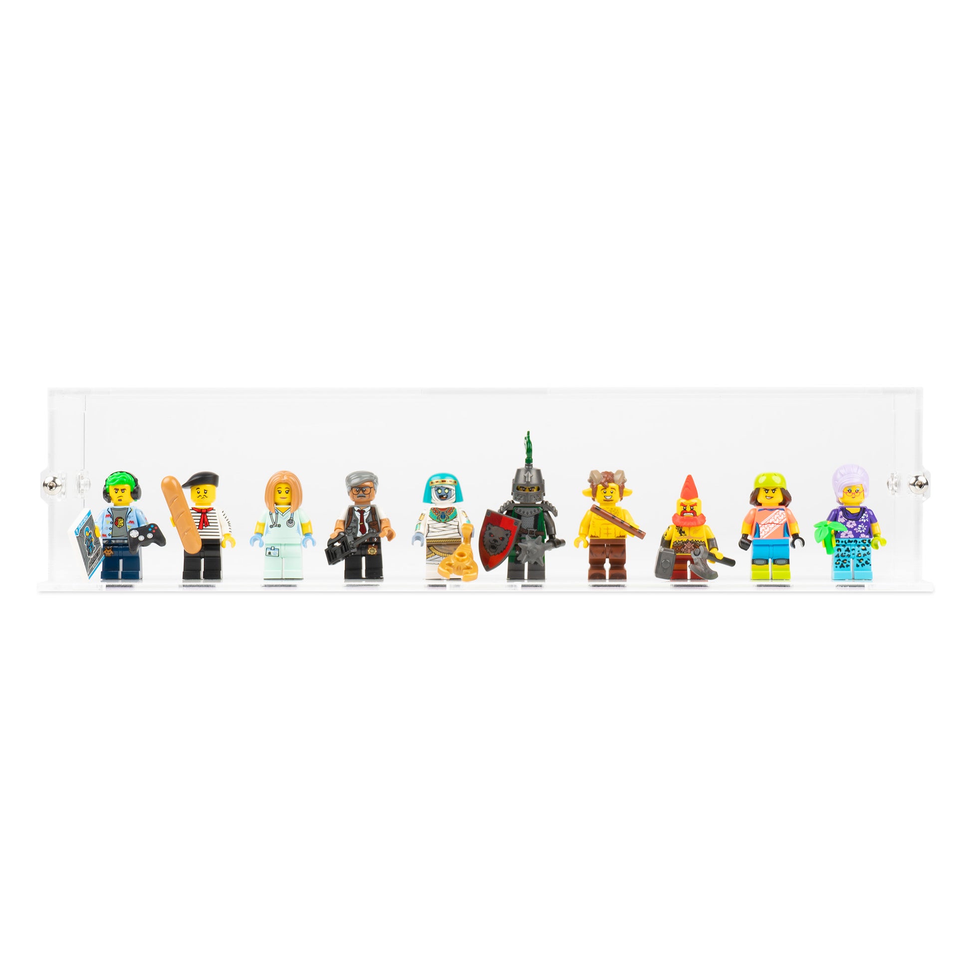 Front view of 10 LEGO Minifigures Display Case with a clear base.