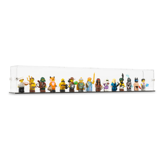 Angled view of 15 LEGO Minifigures Display Case with a black base.