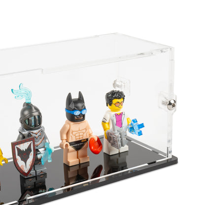 Fitting detail view of 15 LEGO Minifigures Display Case with a black base.