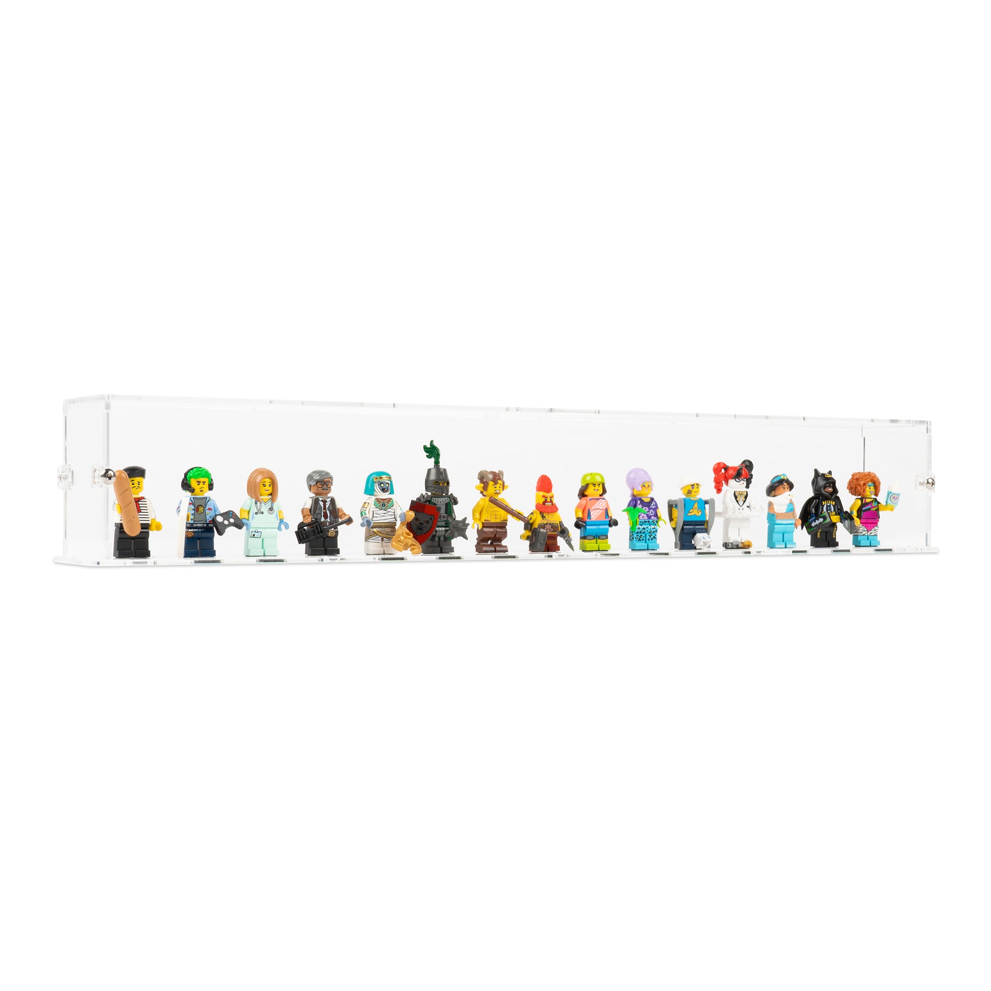 Angled view of 15 LEGO Minifigures Display Case with a clear base.