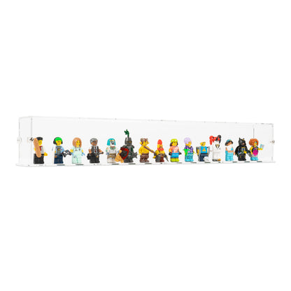 Angled view of 15 LEGO Minifigures Display Case with a clear base.