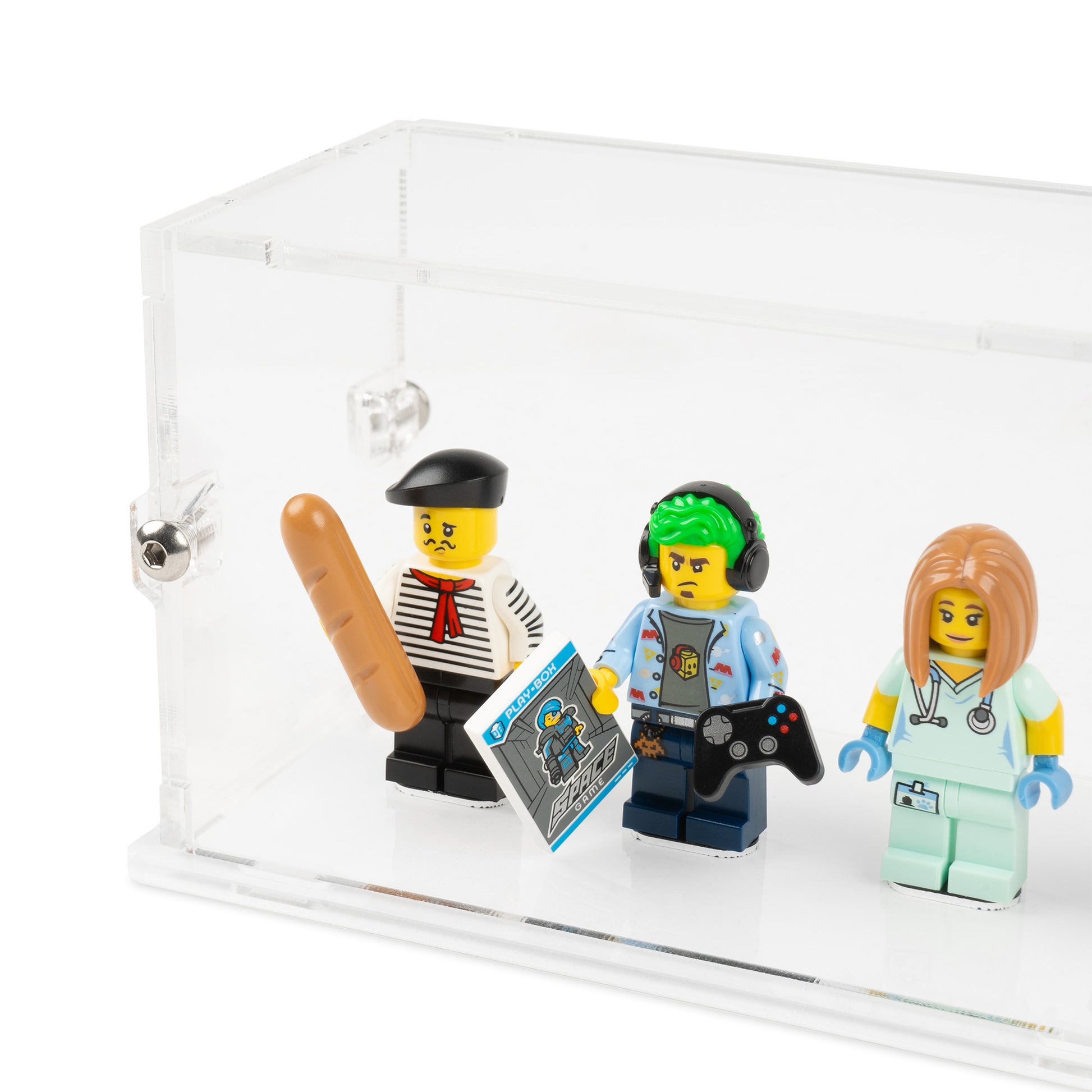 Fitting detail view of 15 LEGO Minifigures Display Case with a clear base.