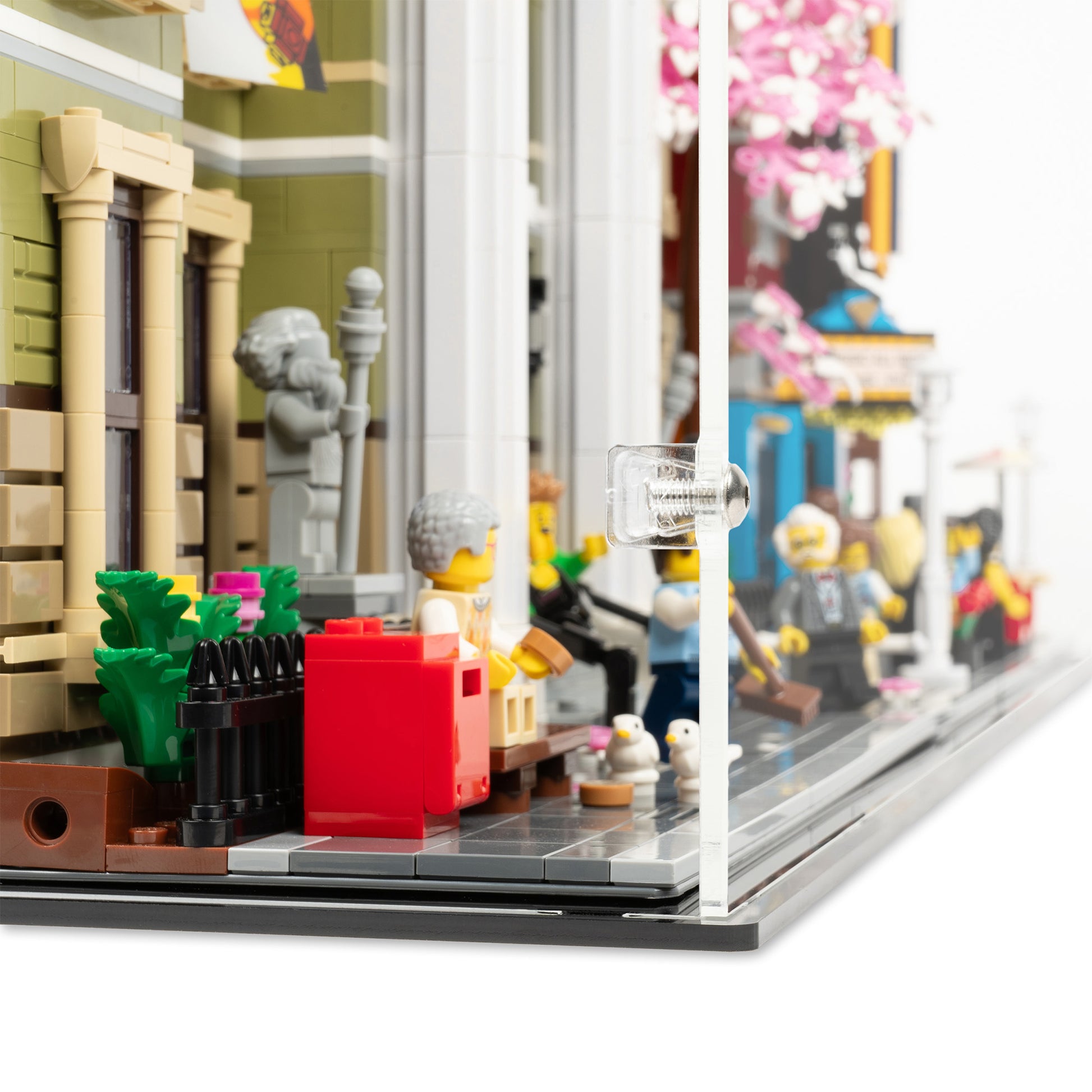Fitting detail view of 2.5x 14 inch tall LEGO Modular Display Case.