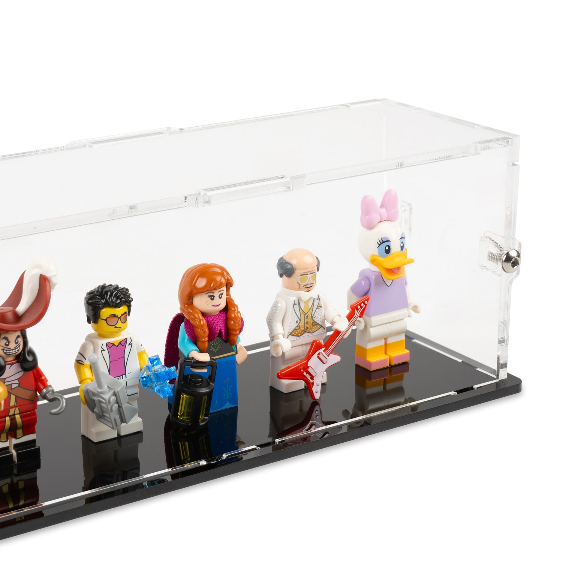 Fitting detail view of 20 LEGO Minifigures Display Case with a black base.