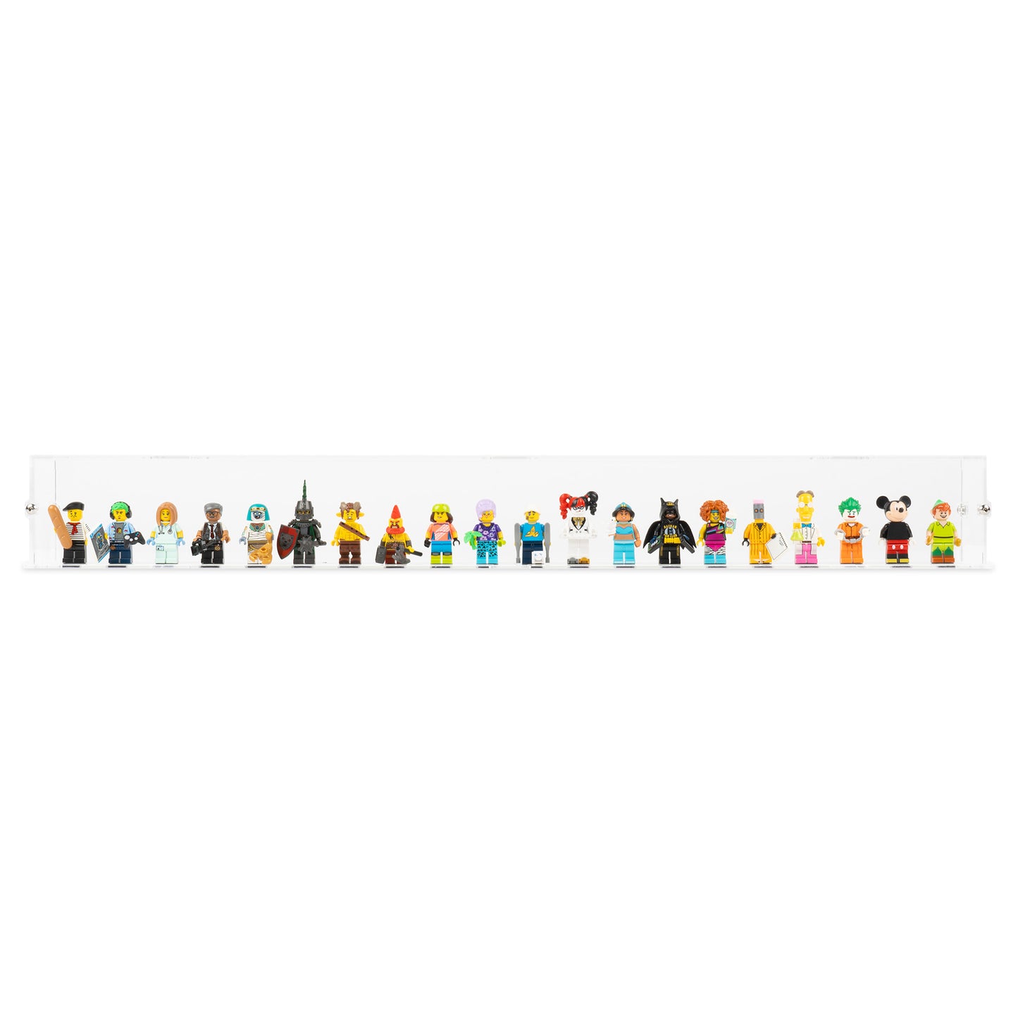 Front view of 20 LEGO Minifigures Display Case with a clear base.