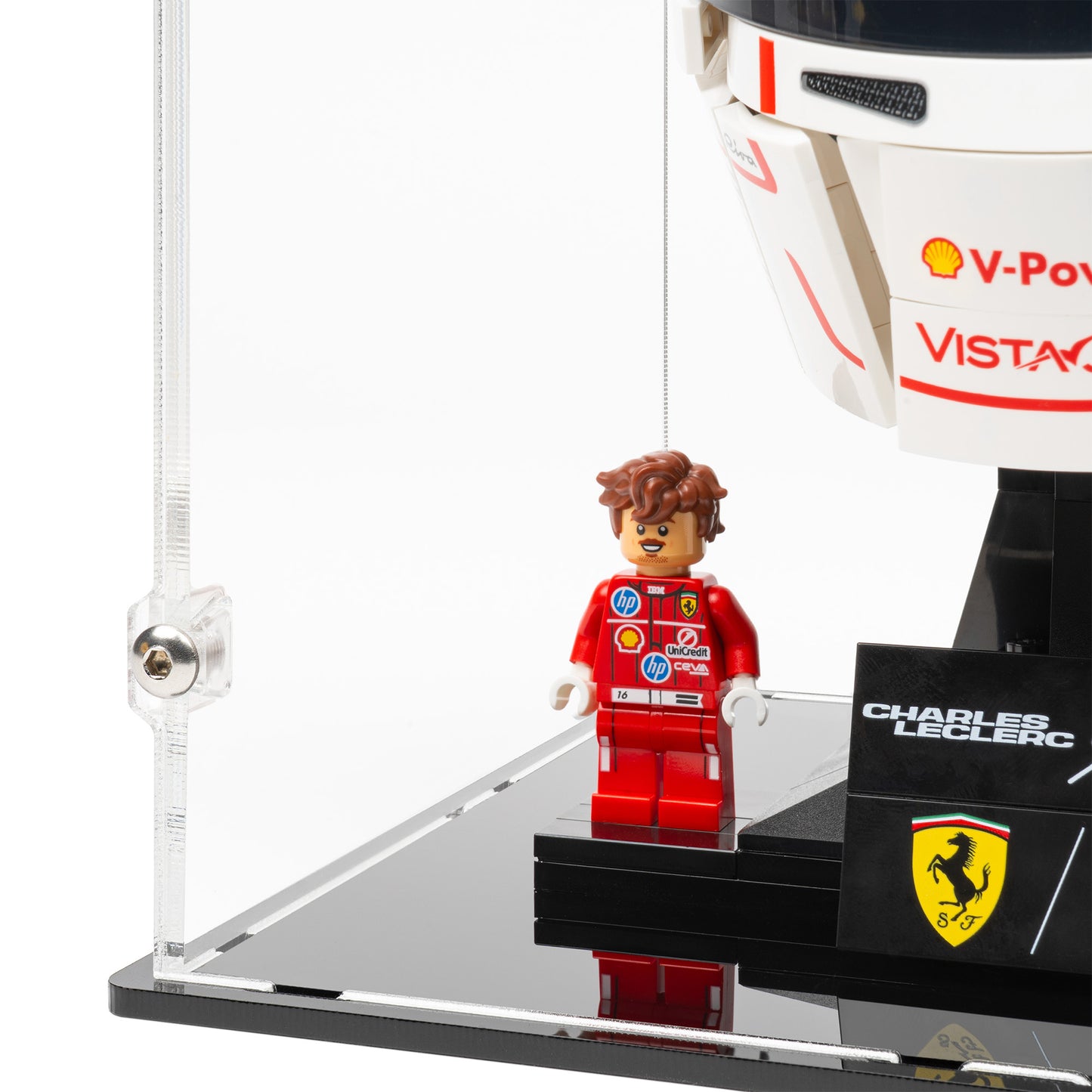 Charles Leclerc detail view of 2x LEGO Formula 1 Helmets Display Case.
