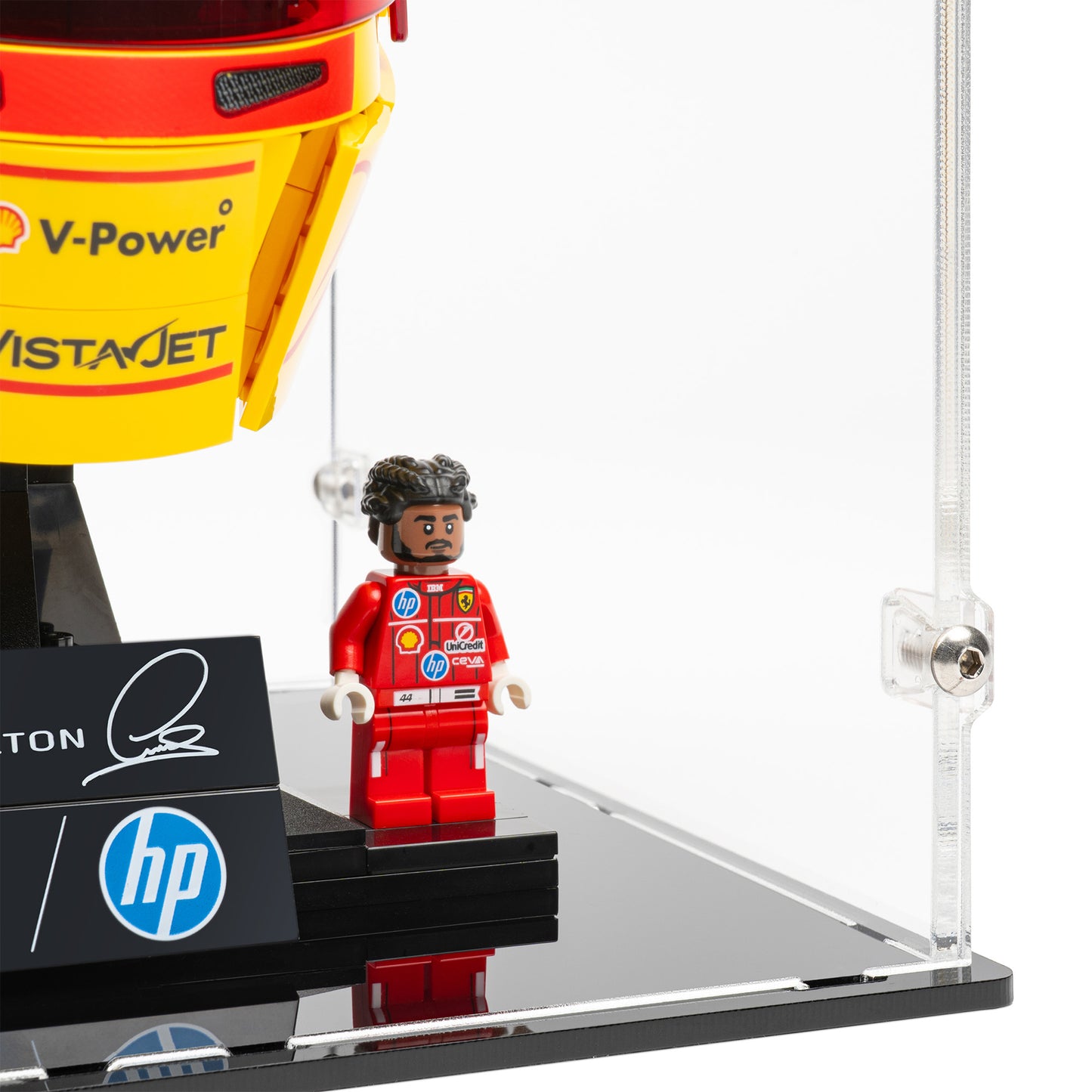 Lewis Hamilton detail view of 2x LEGO Formula 1 Helmets Display Case.