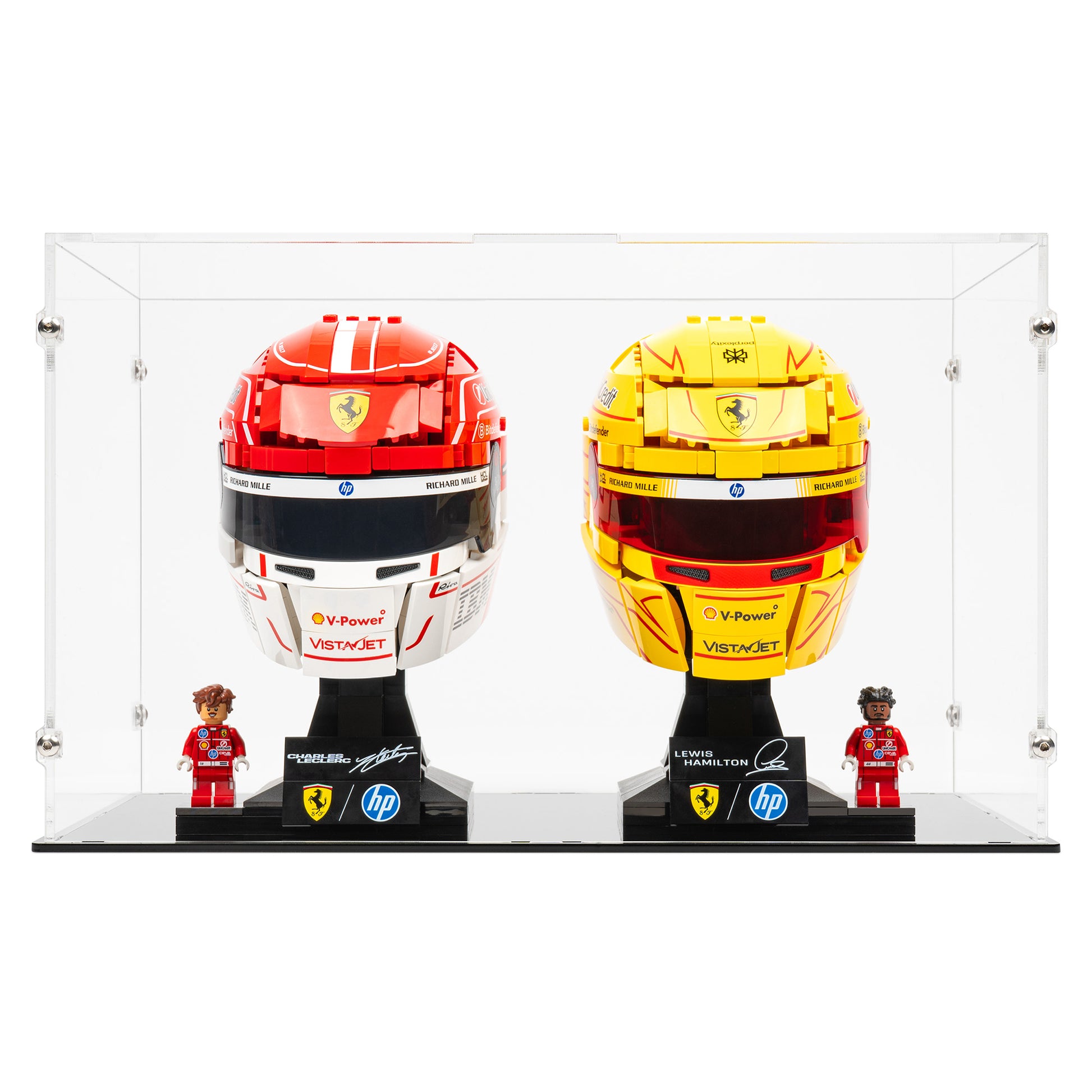Front view of 2x LEGO Formula 1 Helmets Display Case.