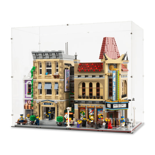 Angled view of 2x 16.5 inch tall LEGO Modular Display Case.