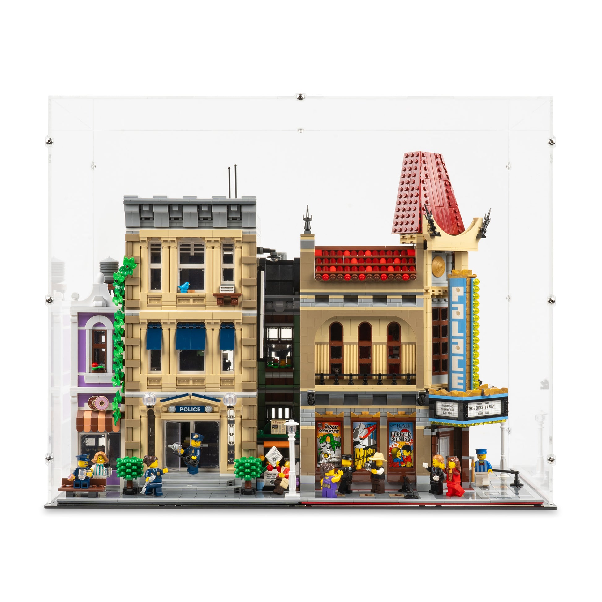 Front view of 2x 16.5 inch tall LEGO Modular Display Case.