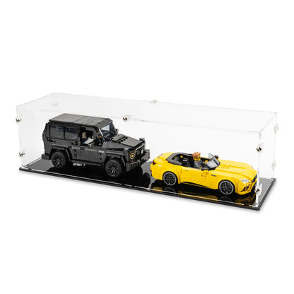 Angled top view of 2x LEGO Speed Champions Parallel Display Case with a black base.