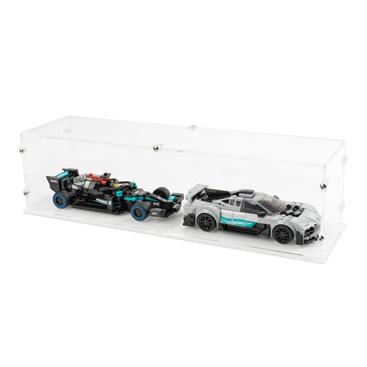 Angled top view of 2x LEGO Speed Champions Parallel Display Case with a stackable clear base.