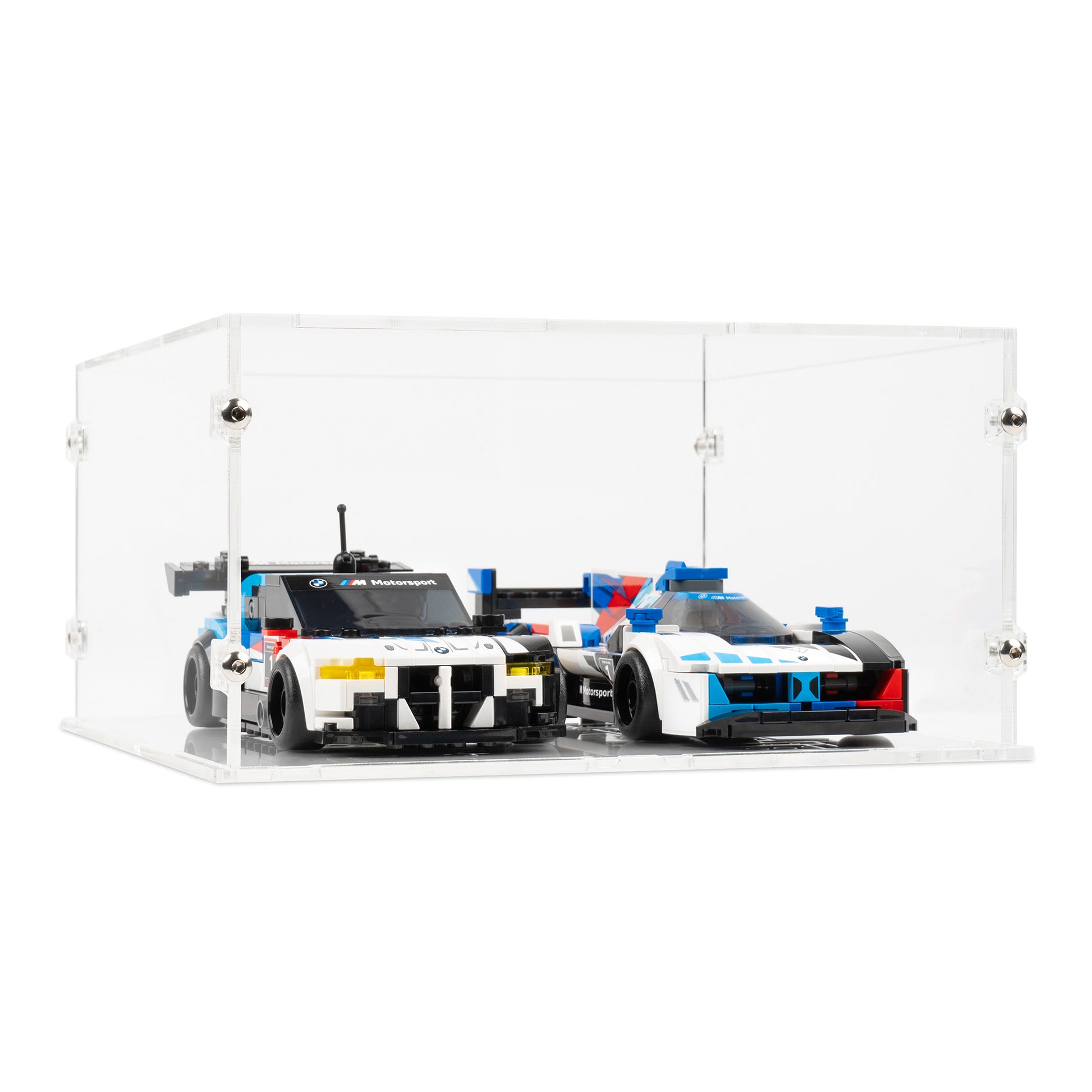 Angled view of 2x LEGO Speed Champions Perpendicular Display Case with a clear base.